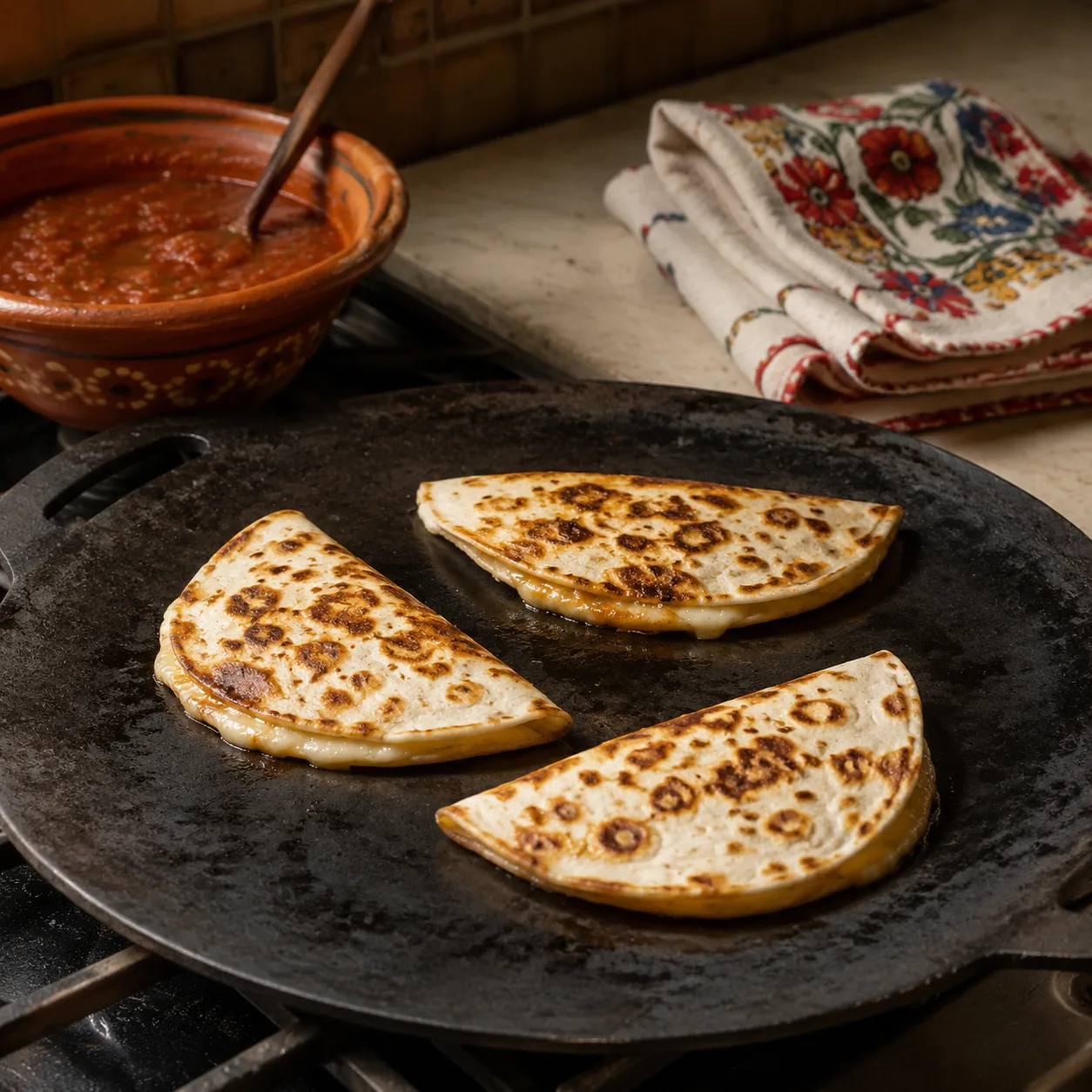 Realistic editorial photo of cheese quesadillas cooking on a comal with salsa and folded cloth nearby, warm natural ligh