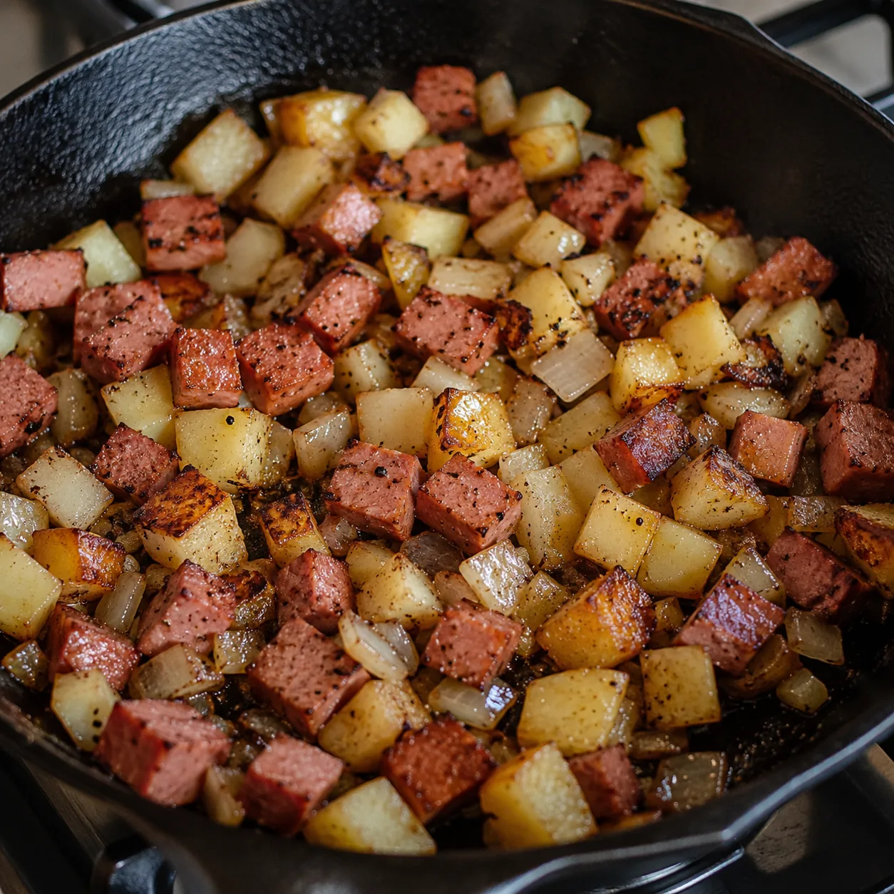 Realistic editorial photo of diced bologna and potatoes browning in a skillet with onion, practical budget supper scene,