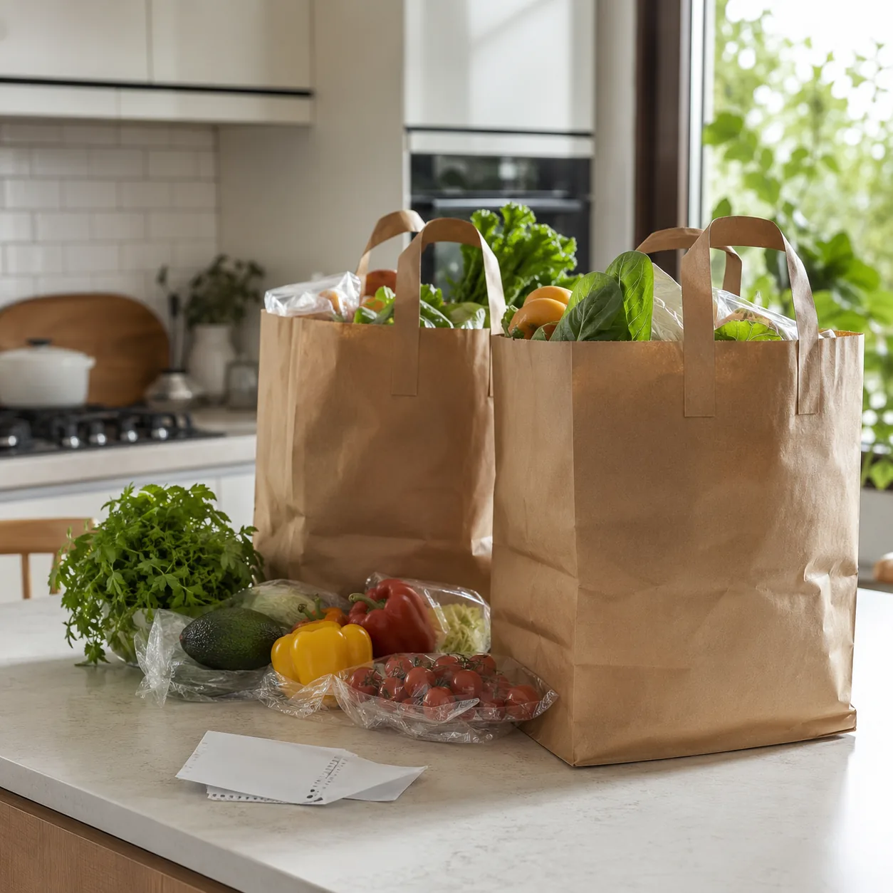 Realistic editorial photo of grocery delivery bags on a kitchen island with produce and receipt turned away, practical g