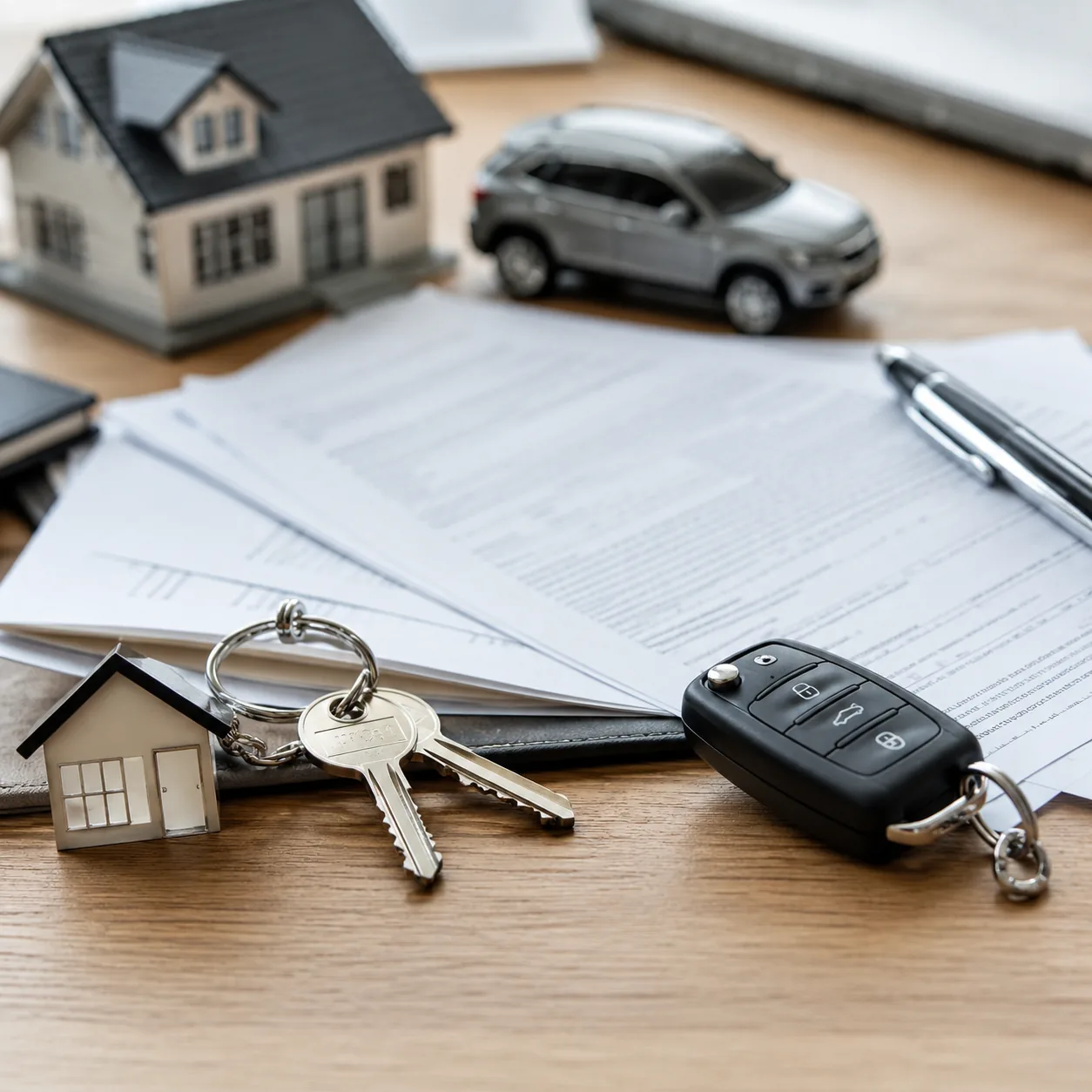 Realistic editorial photo of home and auto insurance paperwork beside house keys and car keys, practical consumer financ