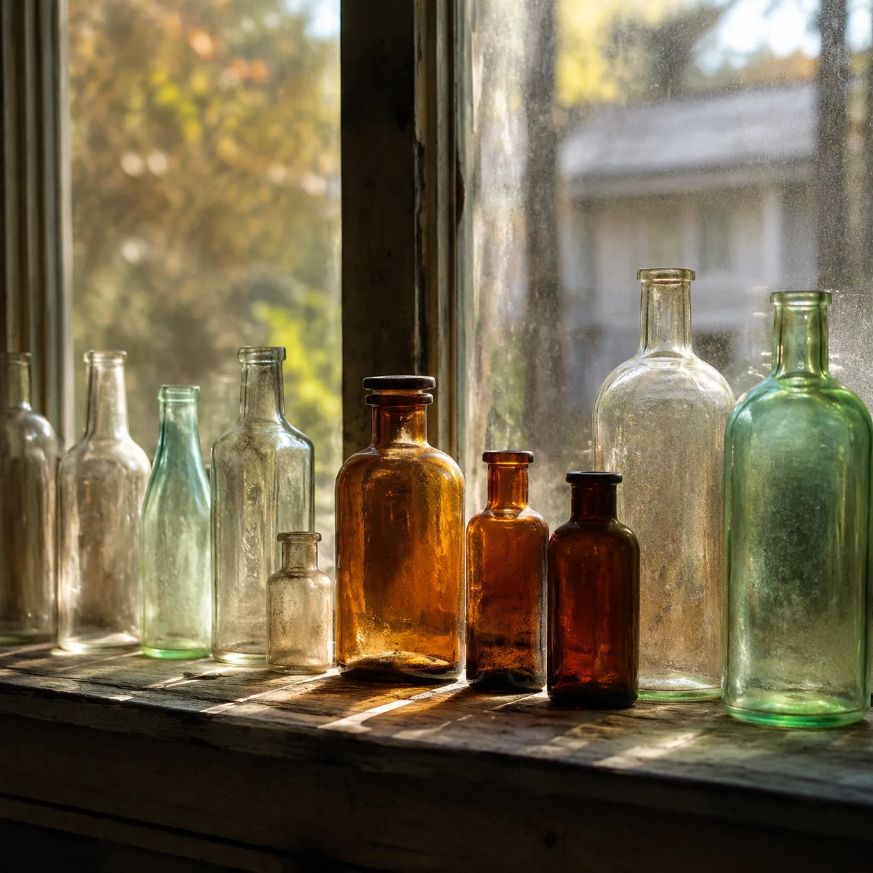 Realistic editorial photo of old glass soda bottles and pharmacy bottles lined on a windowsill, warm afternoon light, 1: