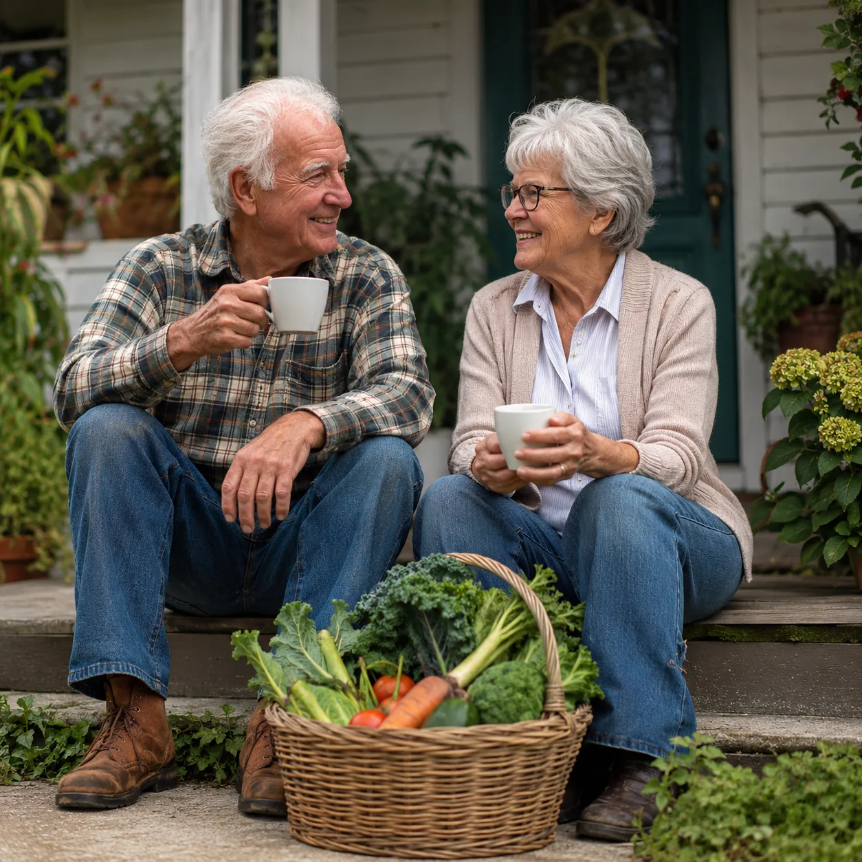 Realistic editorial photo of older neighbors sitting on front steps with a basket of garden vegetables and coffee cups,