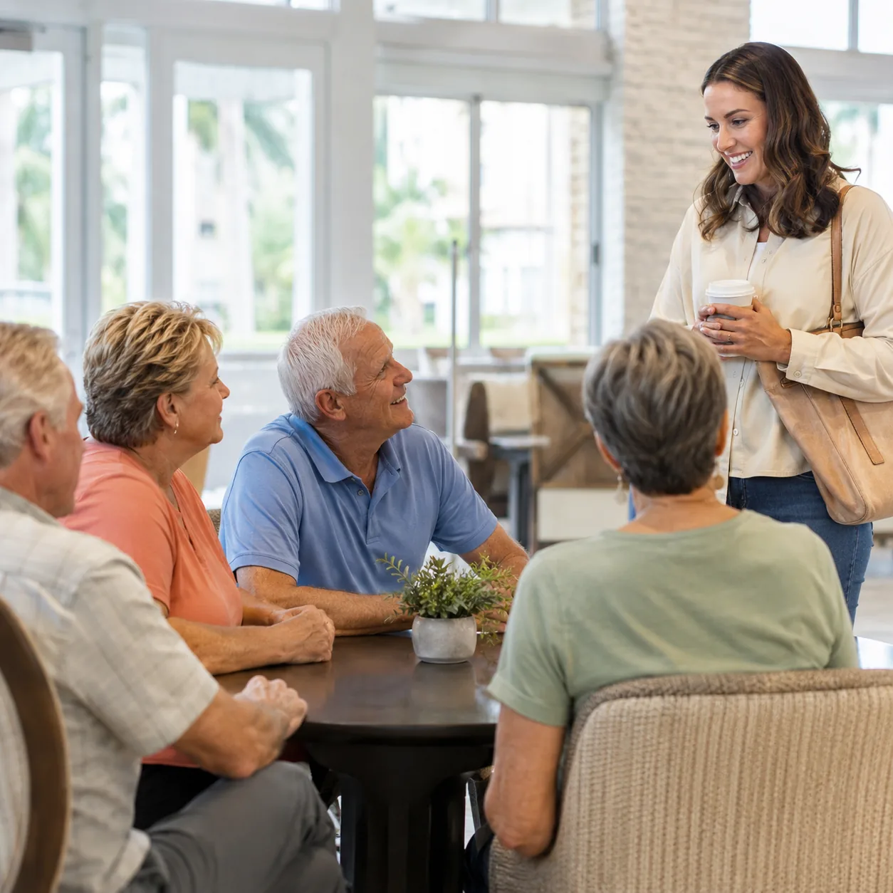 Realistic editorial photo of older residents gathered at a clubhouse table while a newer resident stands nearby with cof