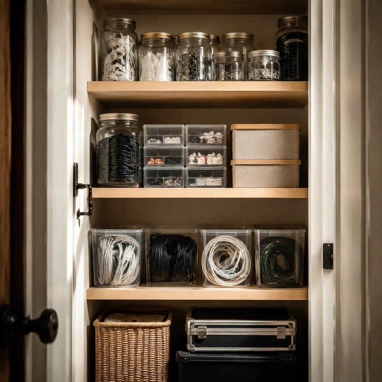 Realistic editorial photo of organized jars, spare cables, and small boxes in a utility closet, warm natural light, real