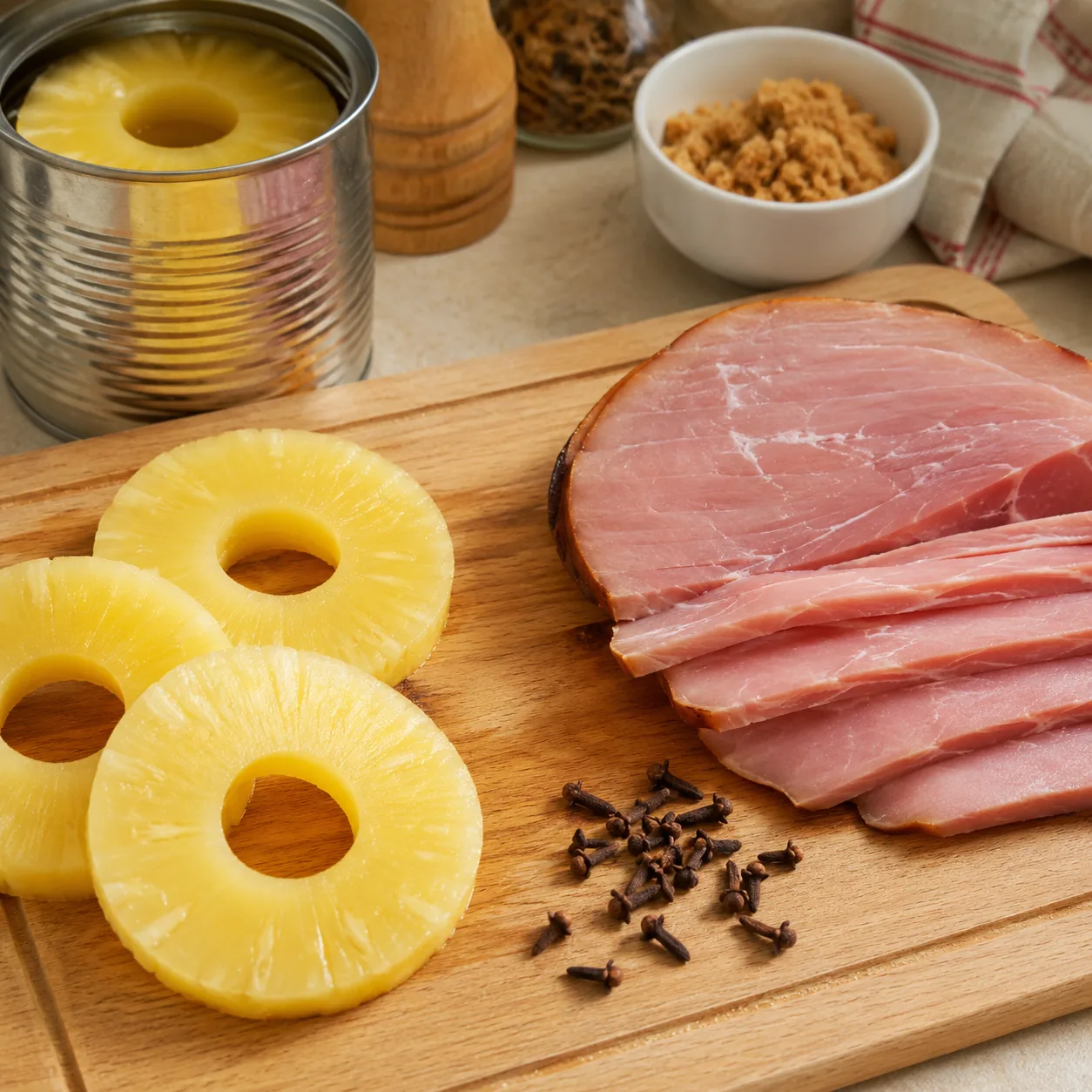 Realistic editorial photo of pineapple rings from a can arranged beside ham slices and cloves on a kitchen prep board, p