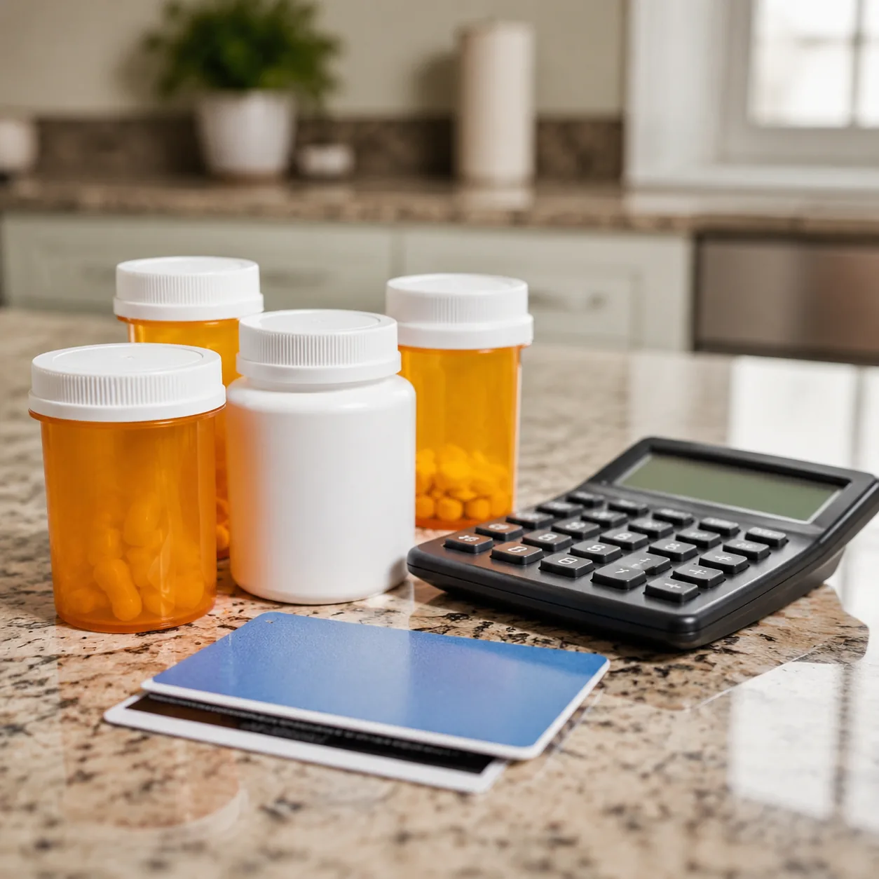 Realistic editorial photo of prescription bottles, insurance card, and calculator on a kitchen counter, practical consum