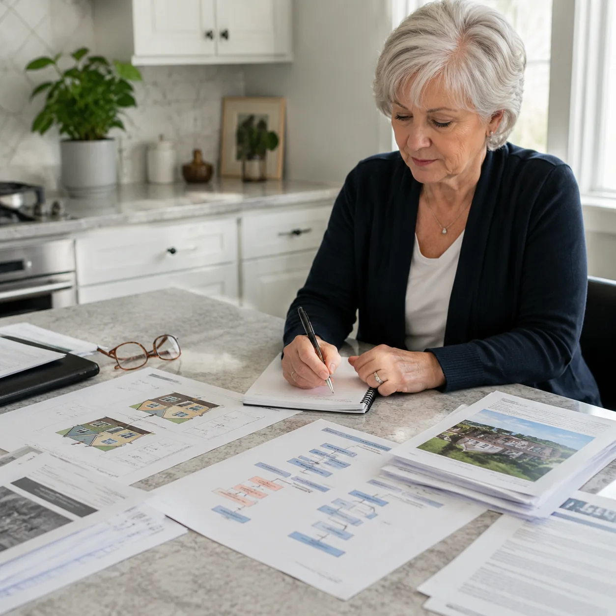 Realistic editorial photo of property ownership diagrams, community documents, and an older buyer taking notes at a kitc