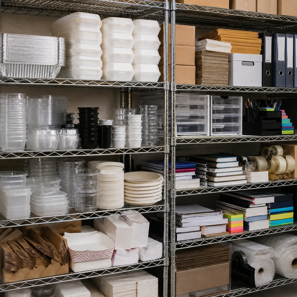 Realistic editorial photo of restaurant-size food containers and office supplies on metal warehouse shelving, practical
