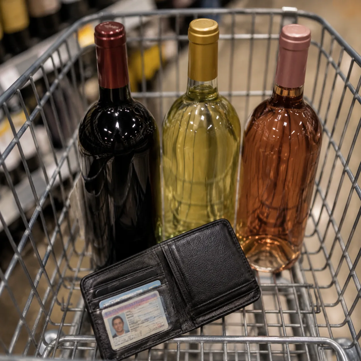 Realistic editorial photo of wine bottles in a shopping cart with a driver license wallet nearby, practical consumer gui