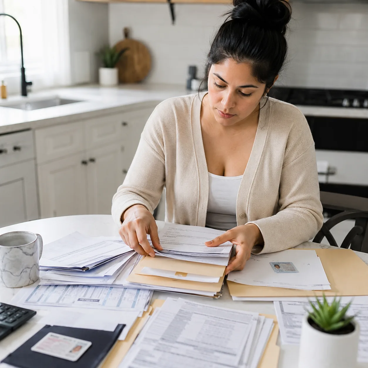 Realistic editorial photo of a buyer organizing pay stubs, tax returns, bank statements, and ID copies in folders, brigh