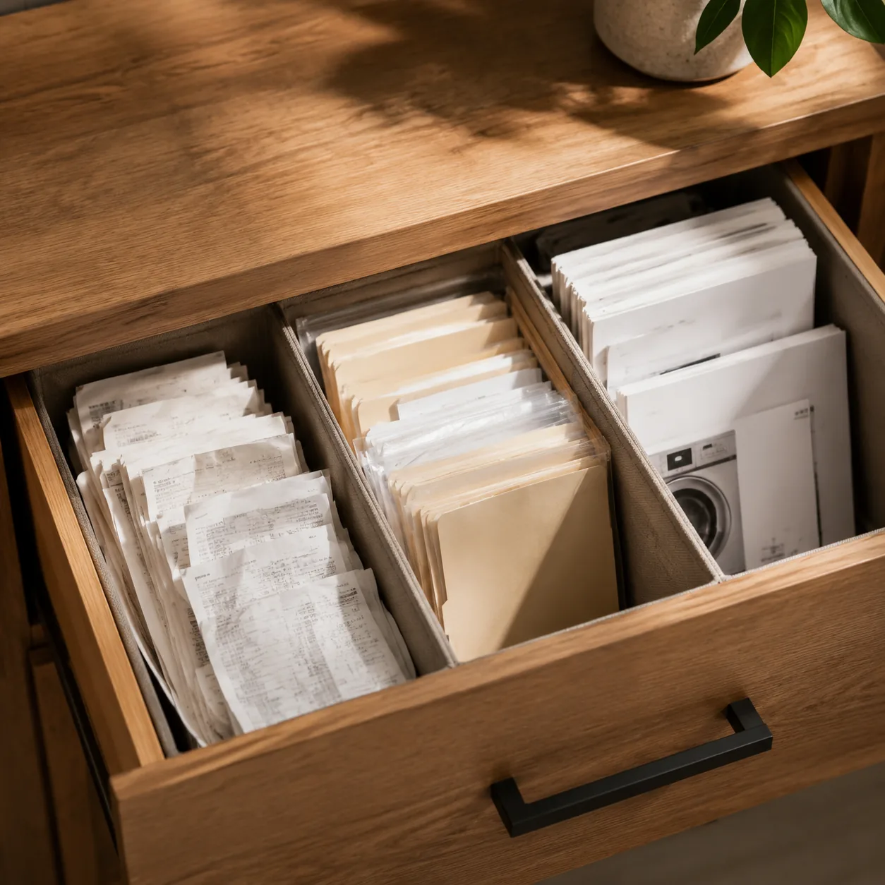 Realistic editorial photo of a clean drawer with organized receipts, warranty papers, and appliance manuals, warm natura