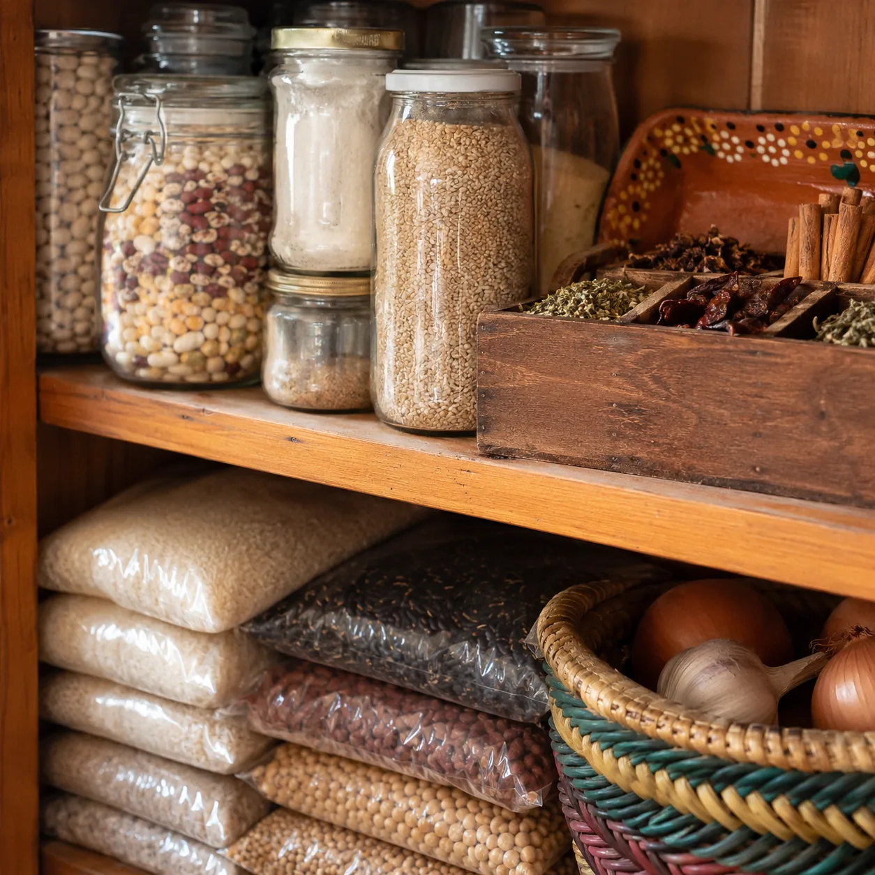 Realistic editorial photo of a clean pantry shelf with reused jars, rice bags, and a small spice box in a Latino kitchen