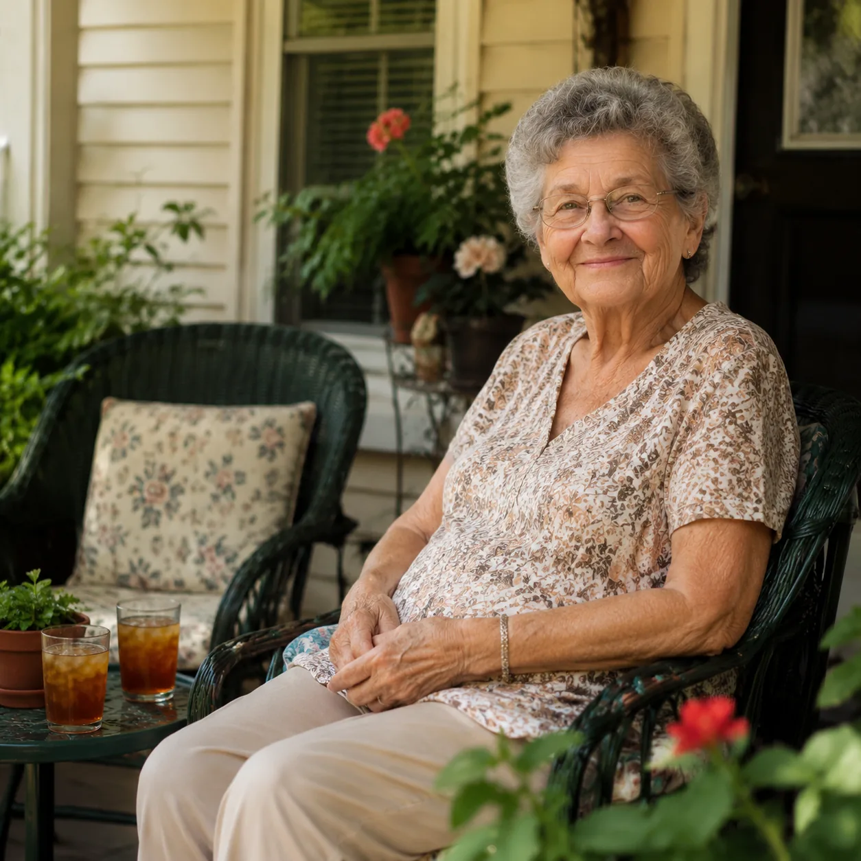 Realistic editorial photo of a grandmother sitting on a front porch with two chairs, potted plants, and iced tea glasses
