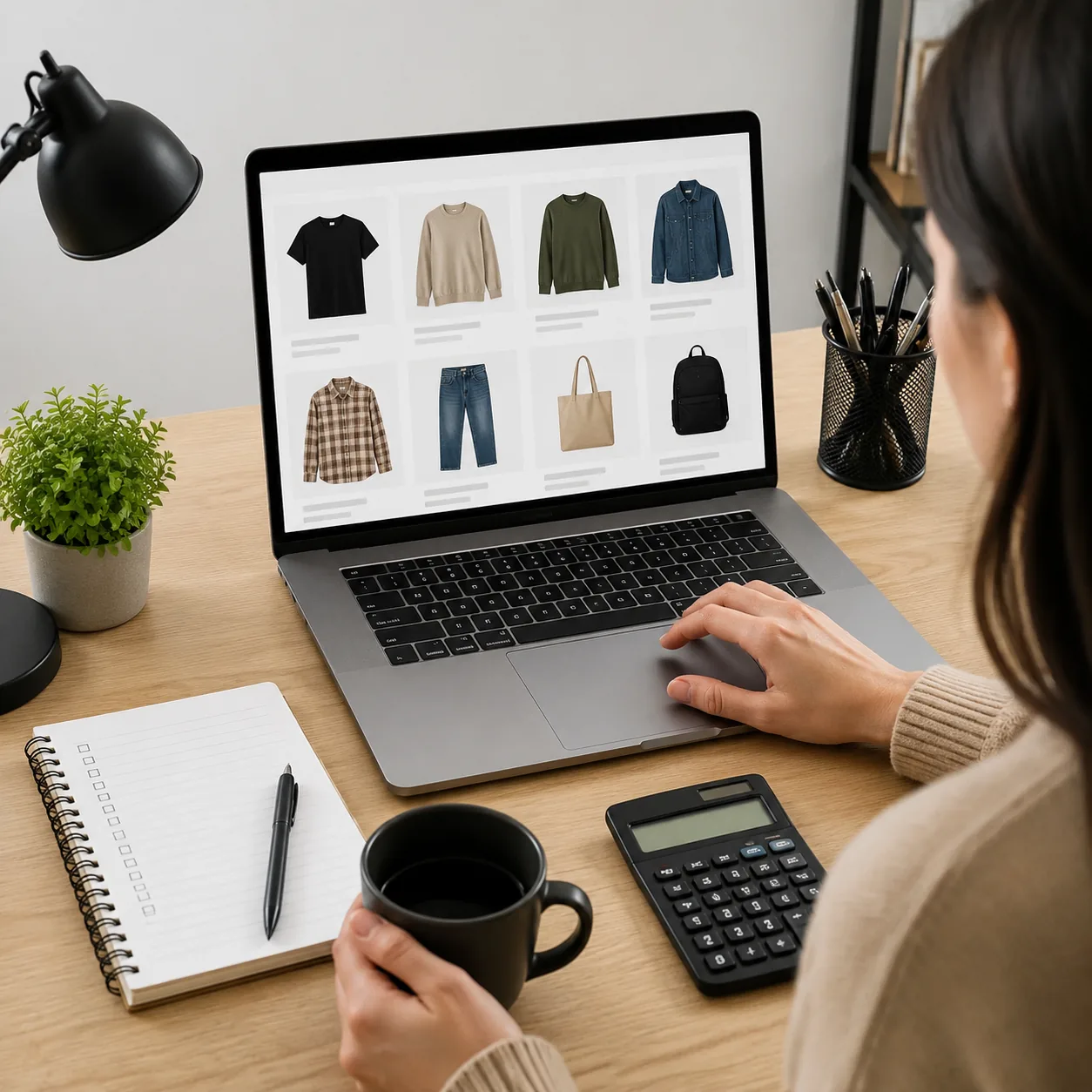 Realistic editorial photo of a laptop shopping page without visible text beside a wish list and calculator, practical on