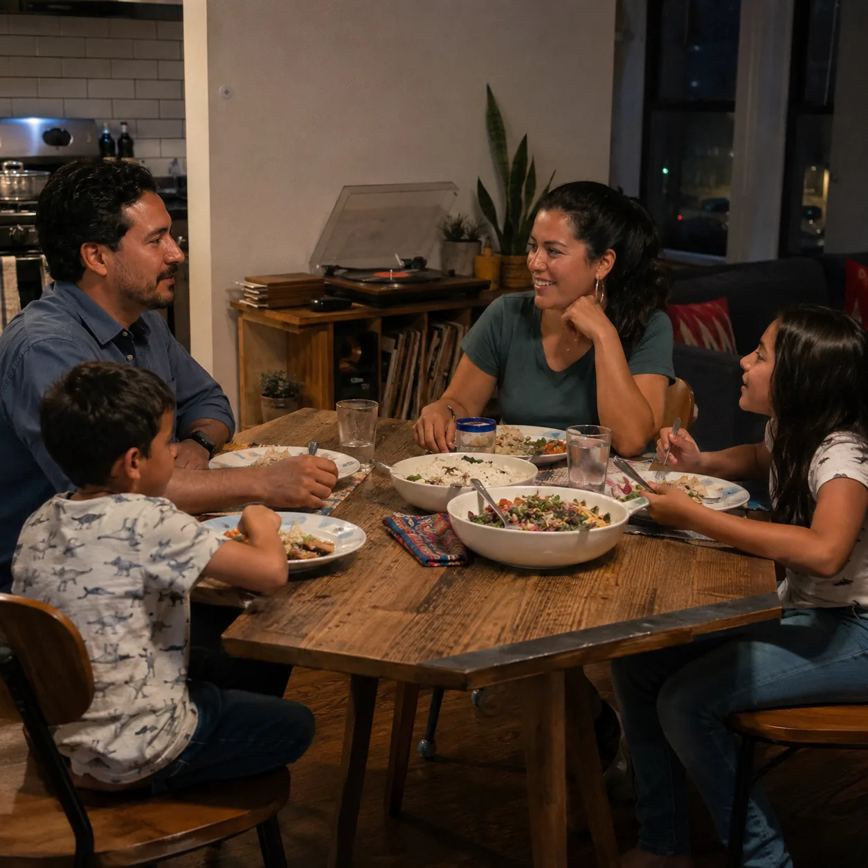 Realistic editorial photo of a Latino family sharing dinner in an American apartment with Spanish music playing softly,