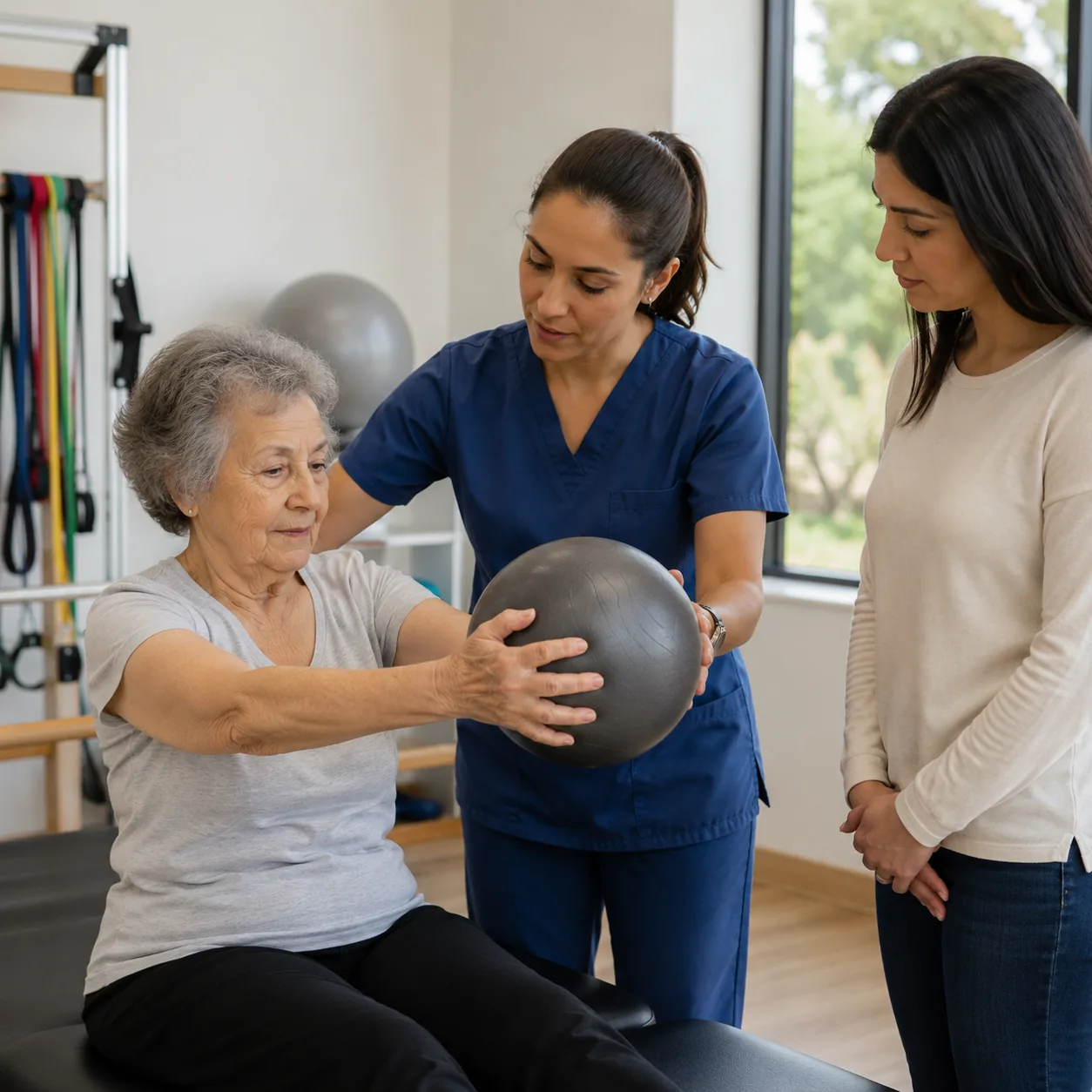 Realistic editorial photo of a physical therapist working with an older resident while an adult daughter observes in a t