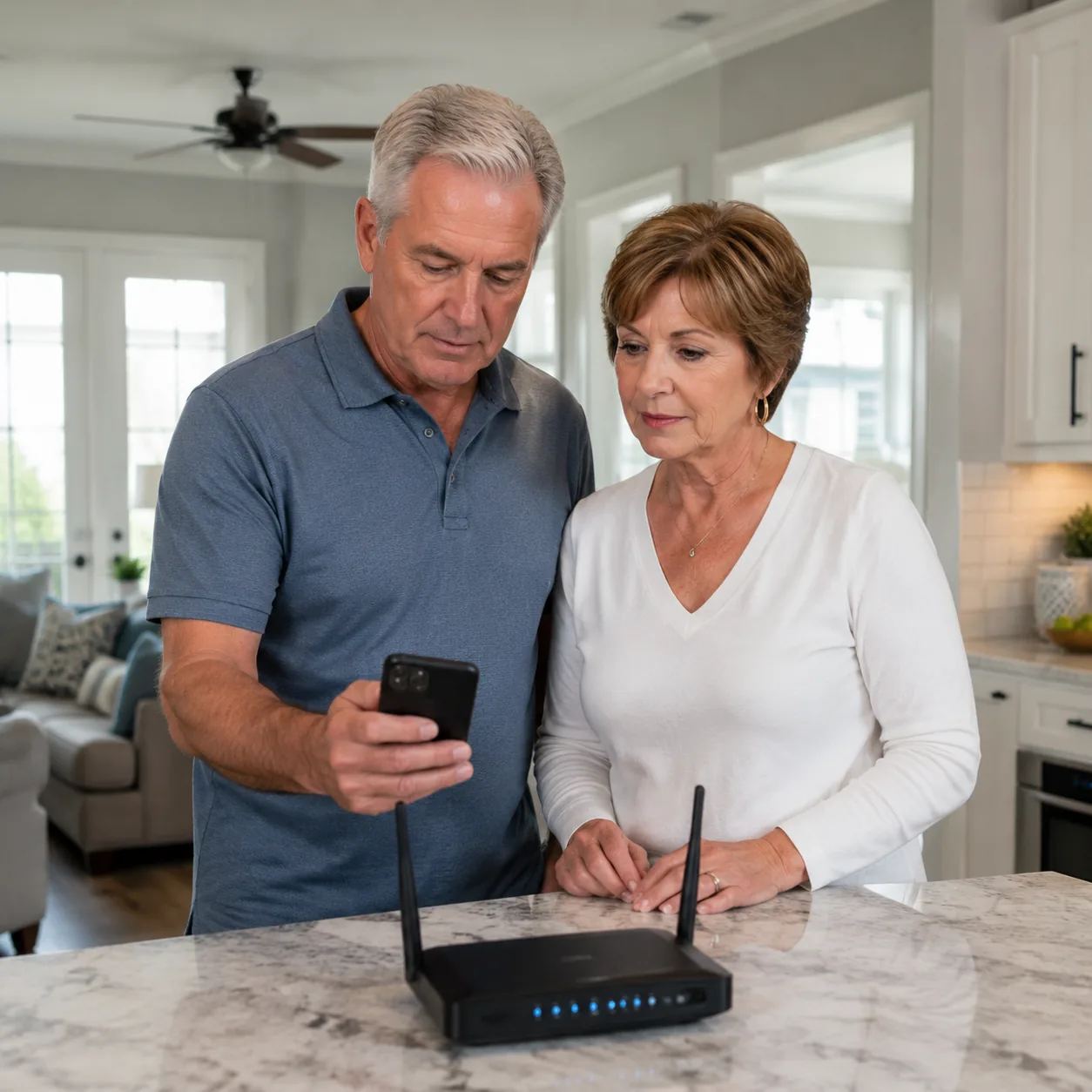 Realistic editorial photo of a retired couple checking a phone signal and router on a kitchen counter in a 55 plus commu