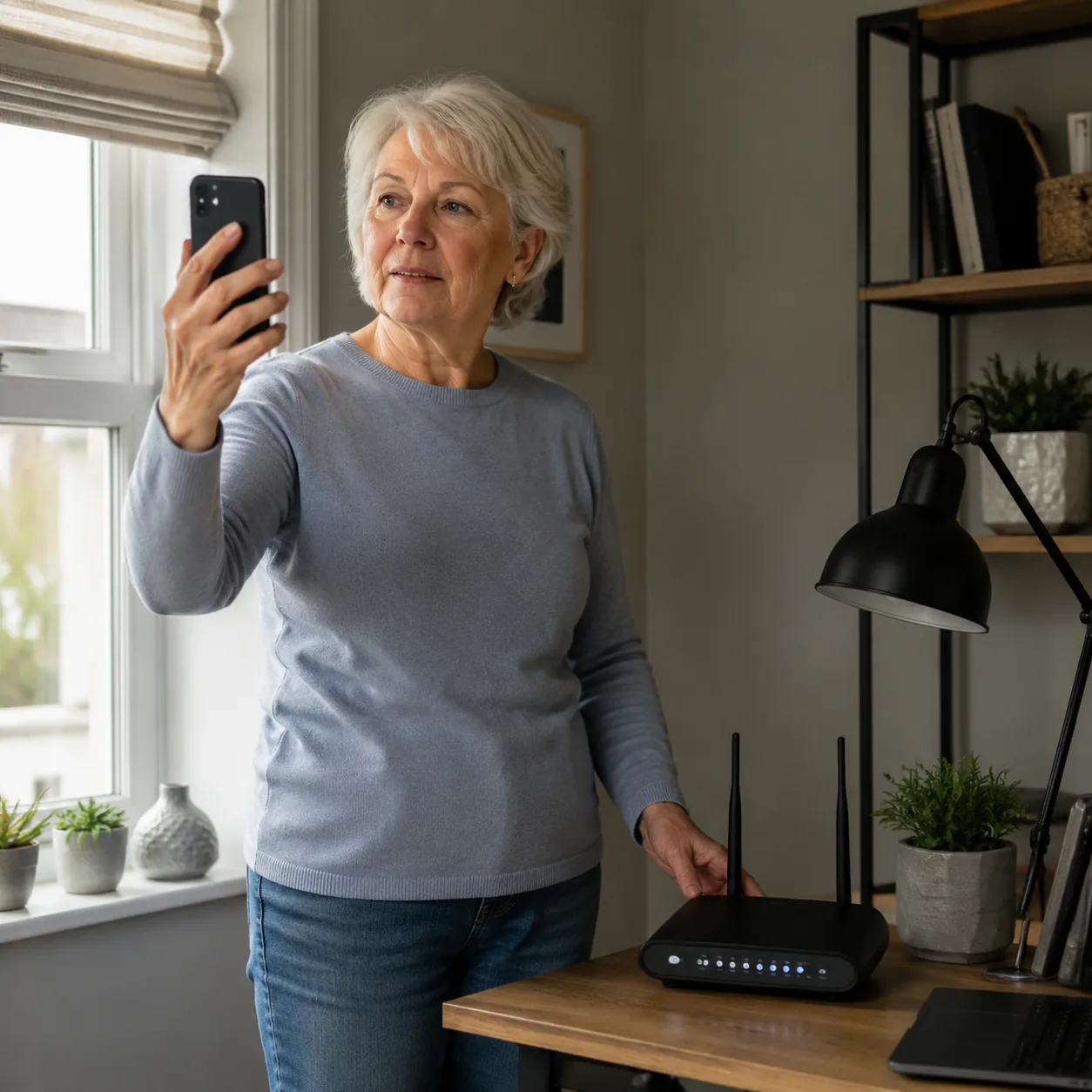Realistic editorial photo of a retired woman testing a smartphone signal beside a router in a home office corner, practi
