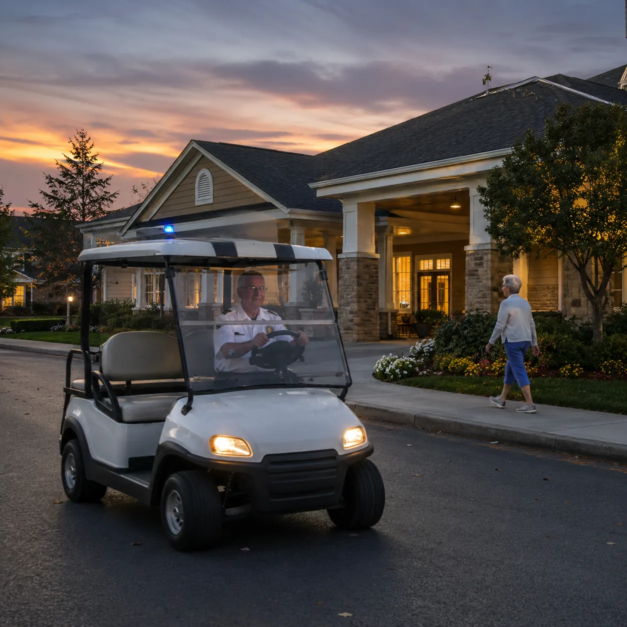 Realistic editorial photo of a retirement community security vehicle passing a clubhouse at dusk while an older resident