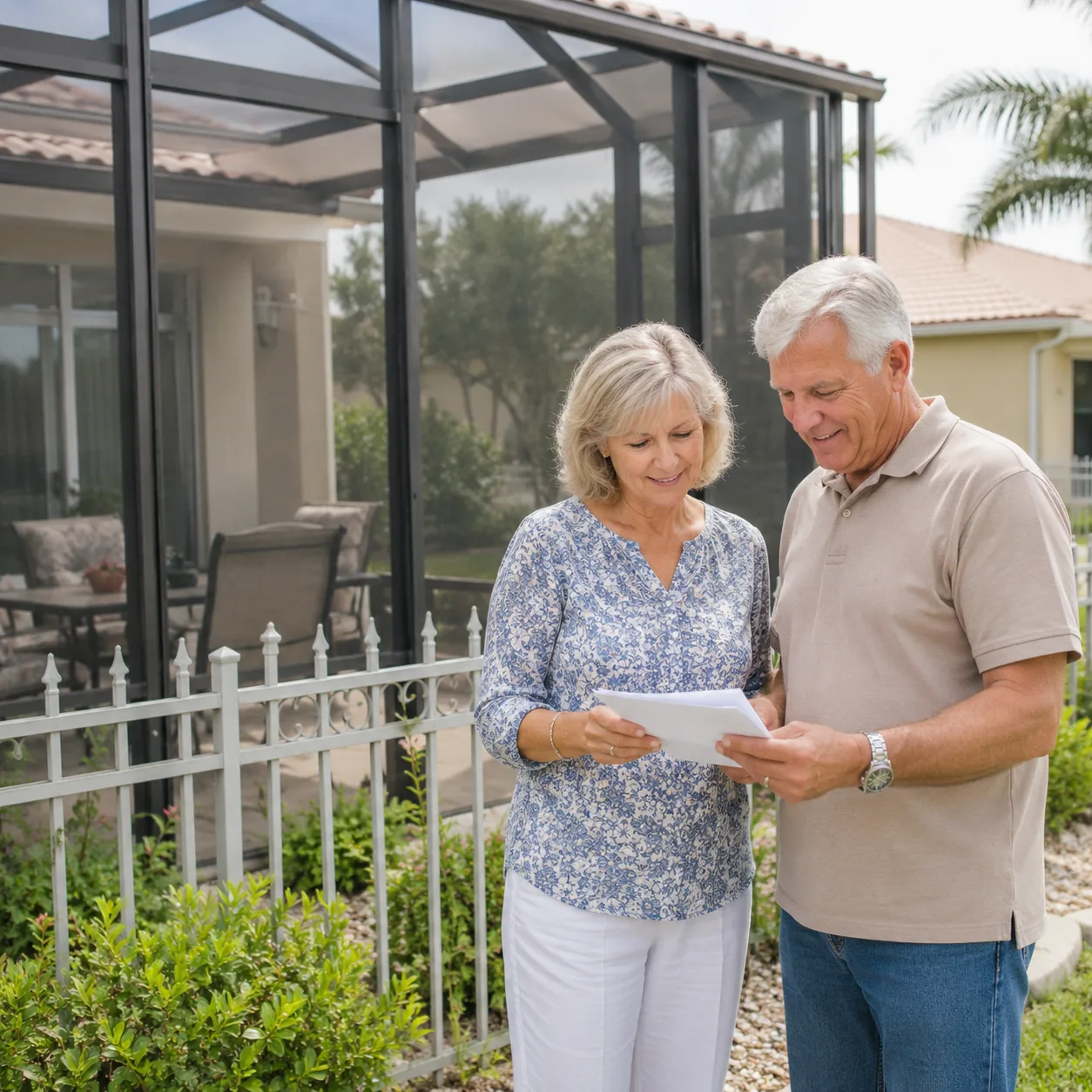 Realistic editorial photo of a screened patio enclosure and low fence in a 55 plus community with an older couple review