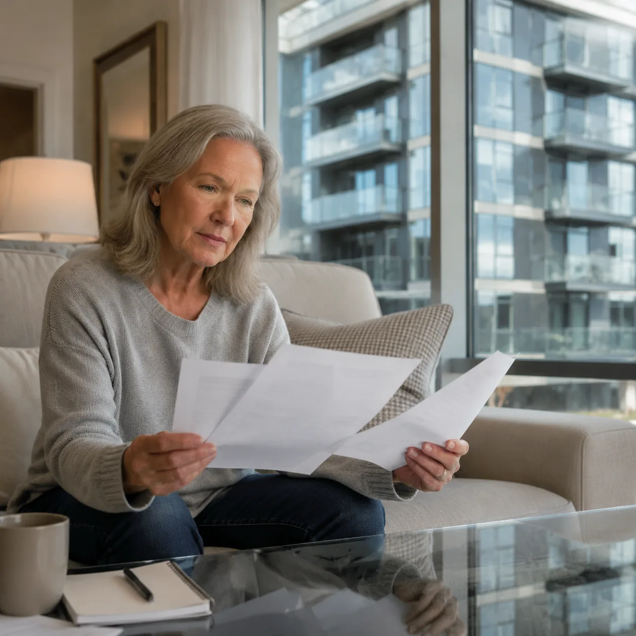 Realistic editorial photo of an older condo buyer comparing insurance paperwork with a building exterior visible through