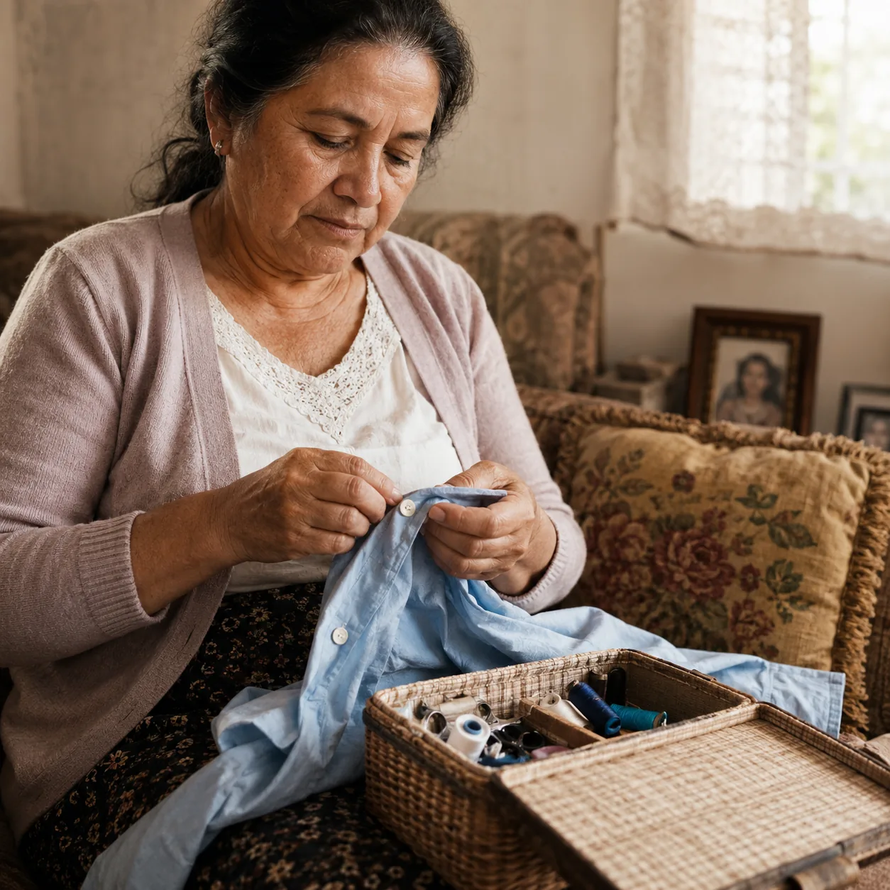 Realistic editorial photo of an older Latina woman mending a shirt button with a sewing basket open on her lap, warm nat