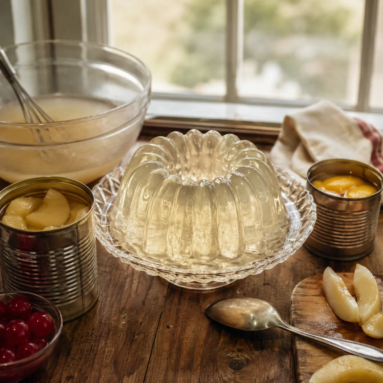 Realistic editorial photo of clear gelatin dessert setting in a glass mold beside canned fruit and a mixing bowl, practi