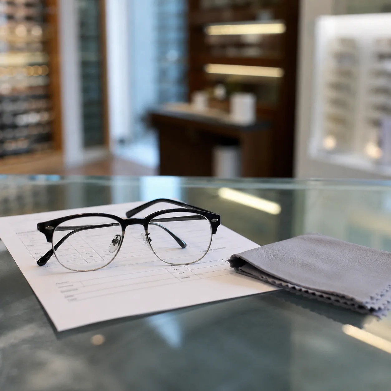 Realistic editorial photo of eyeglass frames, lens cloth, and prescription slip on an optical counter, practical vision