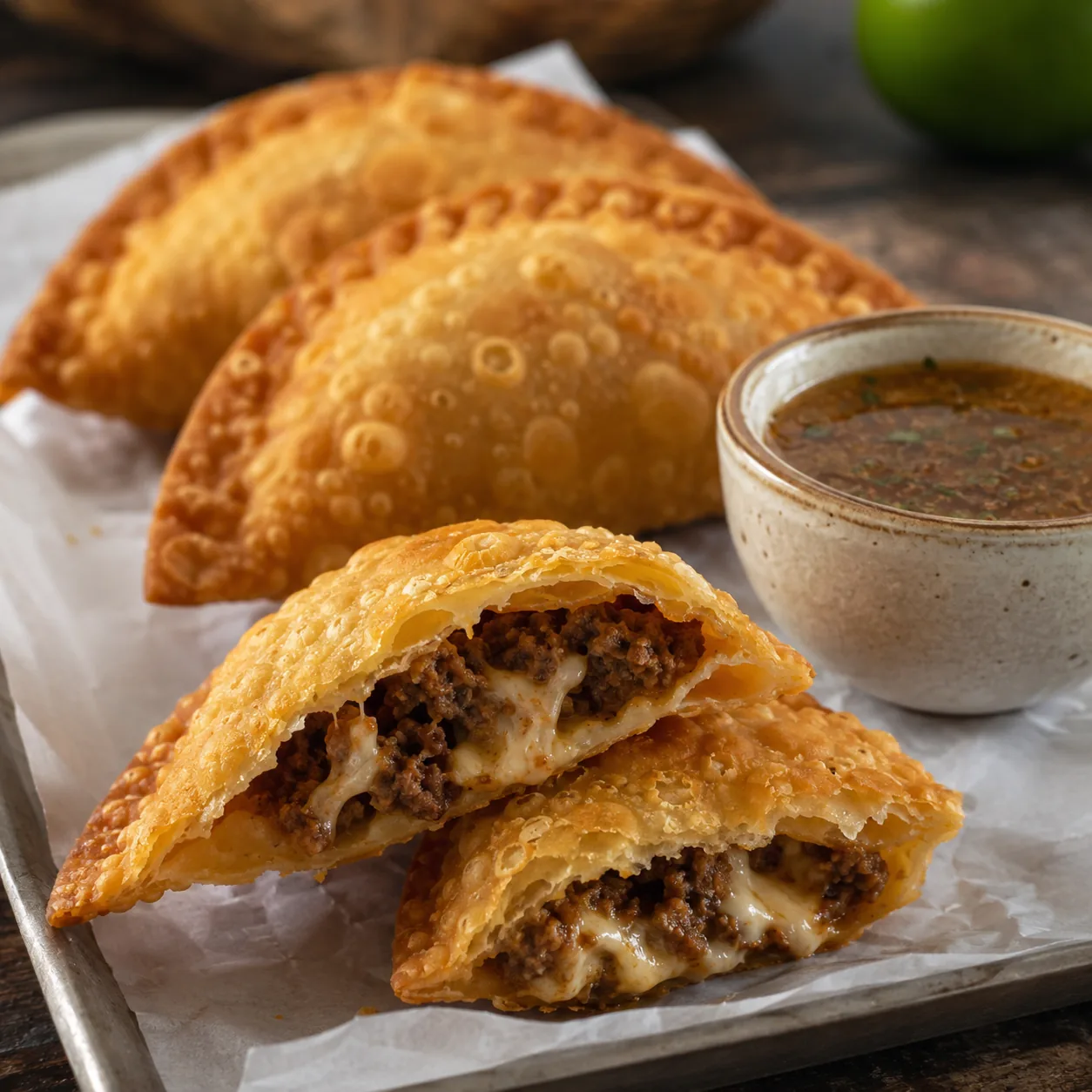 Realistic editorial photo of flaky fried pastelitos filled with meat and cheese on a paper-lined tray with dipping sauce