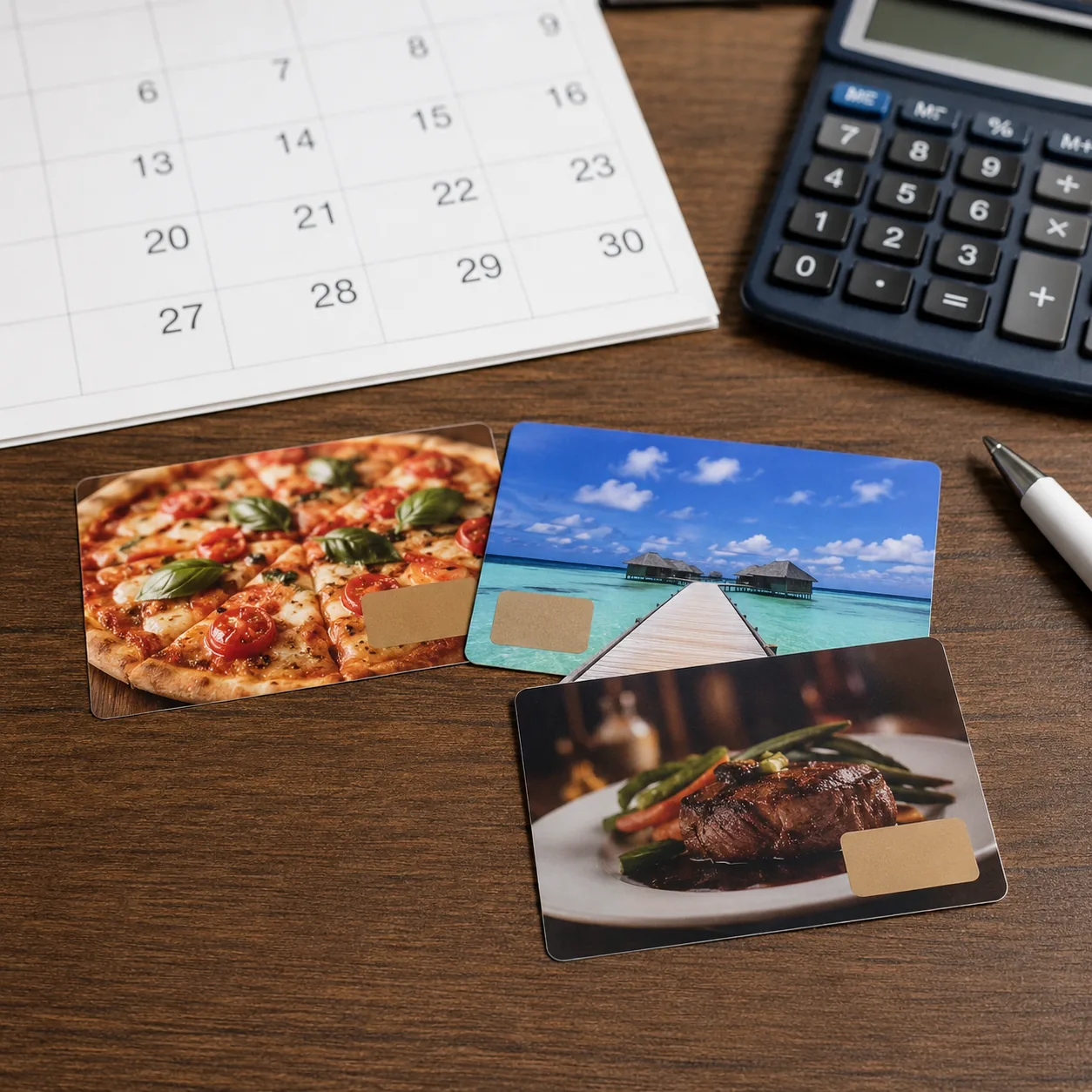 Realistic editorial photo of generic restaurant and travel gift cards beside a calendar and calculator, practical consum