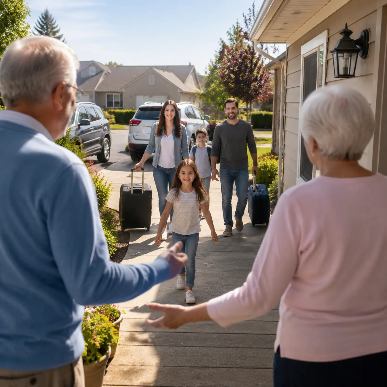 Realistic editorial photo of grandparents welcoming family with luggage at a 55 plus community home while visitor cars s