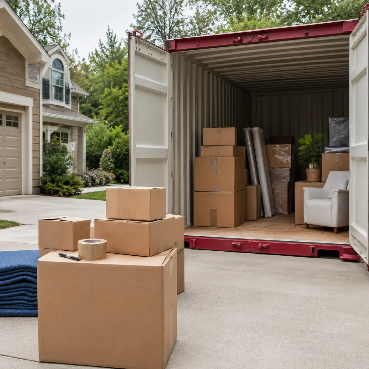 Realistic editorial photo of moving boxes, tape, and a portable storage container in a driveway without branding, practi