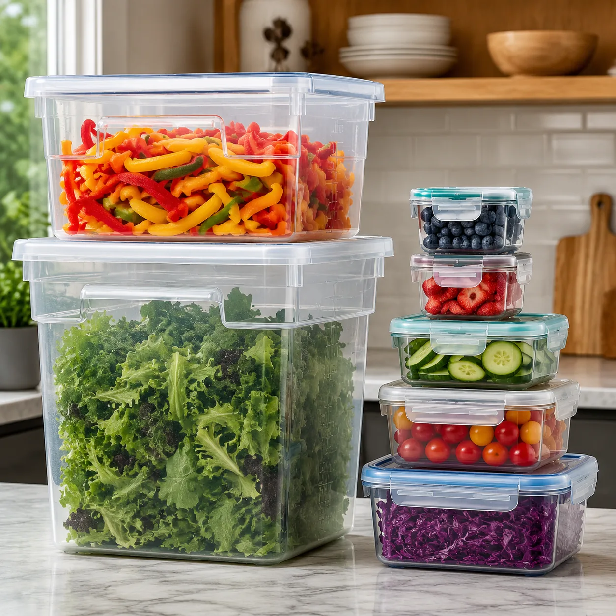Realistic editorial photo of oversized foodservice containers beside smaller home kitchen containers for scale, practica