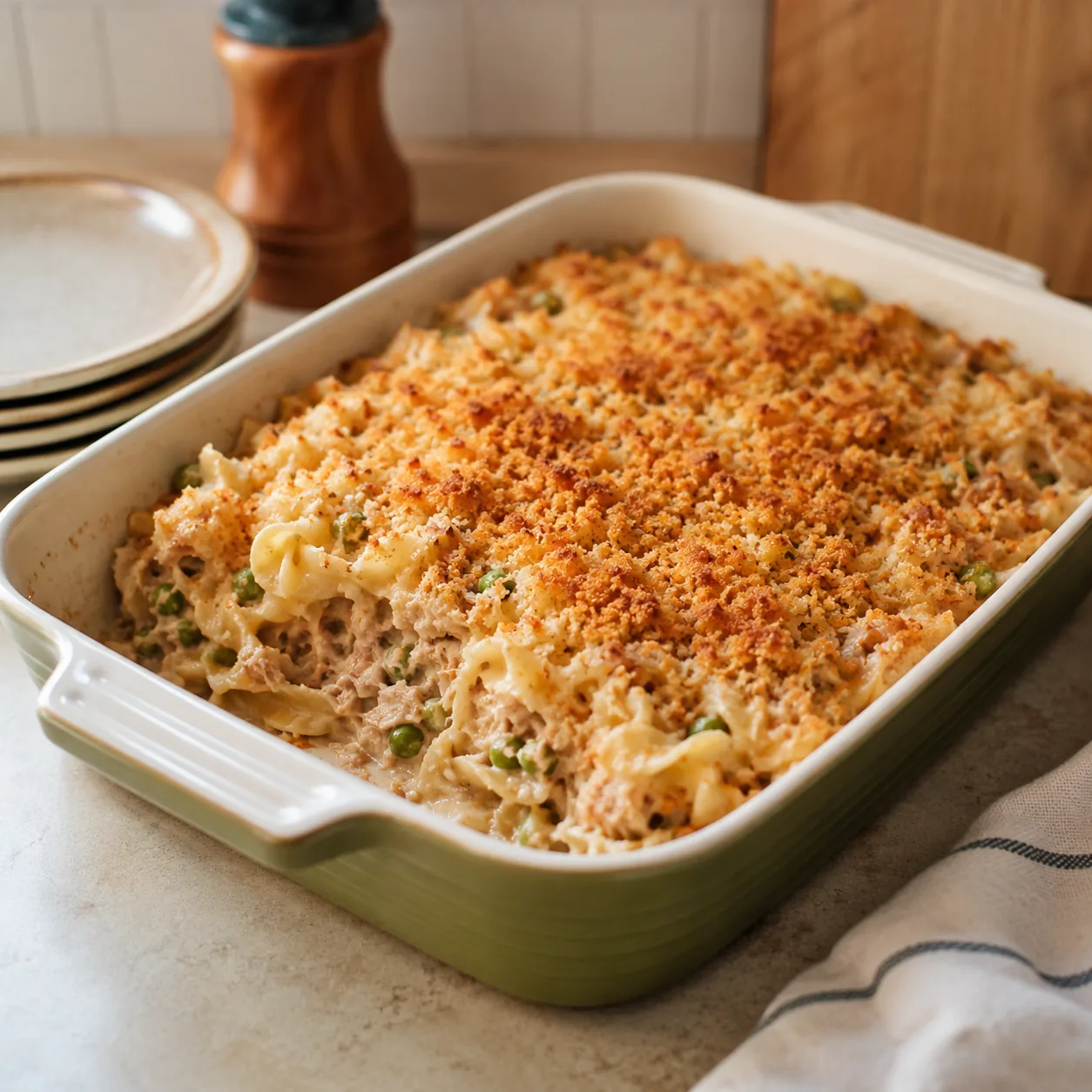 Realistic editorial photo of tuna noodle casserole in a baking dish with a crumb topping on a kitchen counter, practical