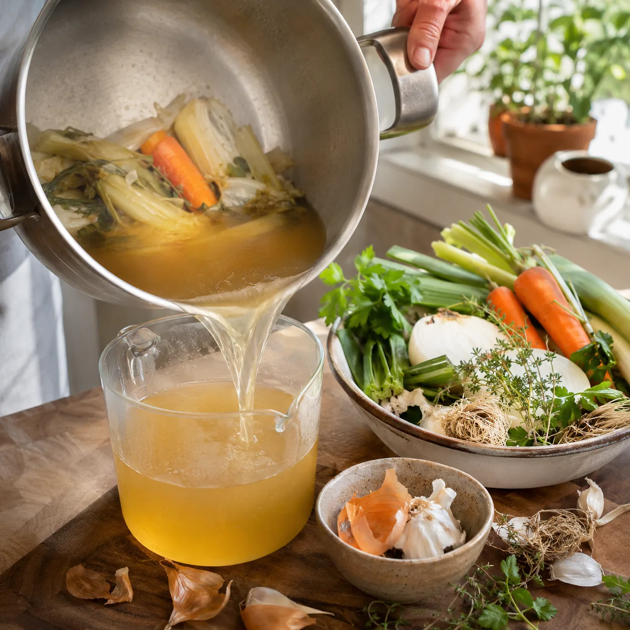 Realistic editorial photo of vegetable cooking water being poured from a pot into a measuring cup beside soup ingredient