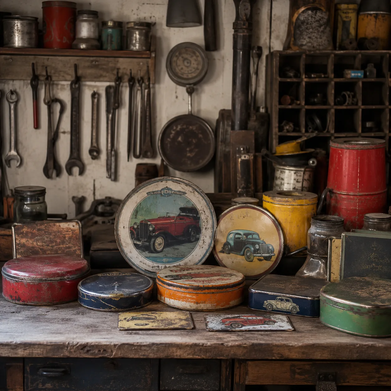 Realistic editorial photo of vintage advertising tins and small metal signs arranged on a garage workbench, realistic co