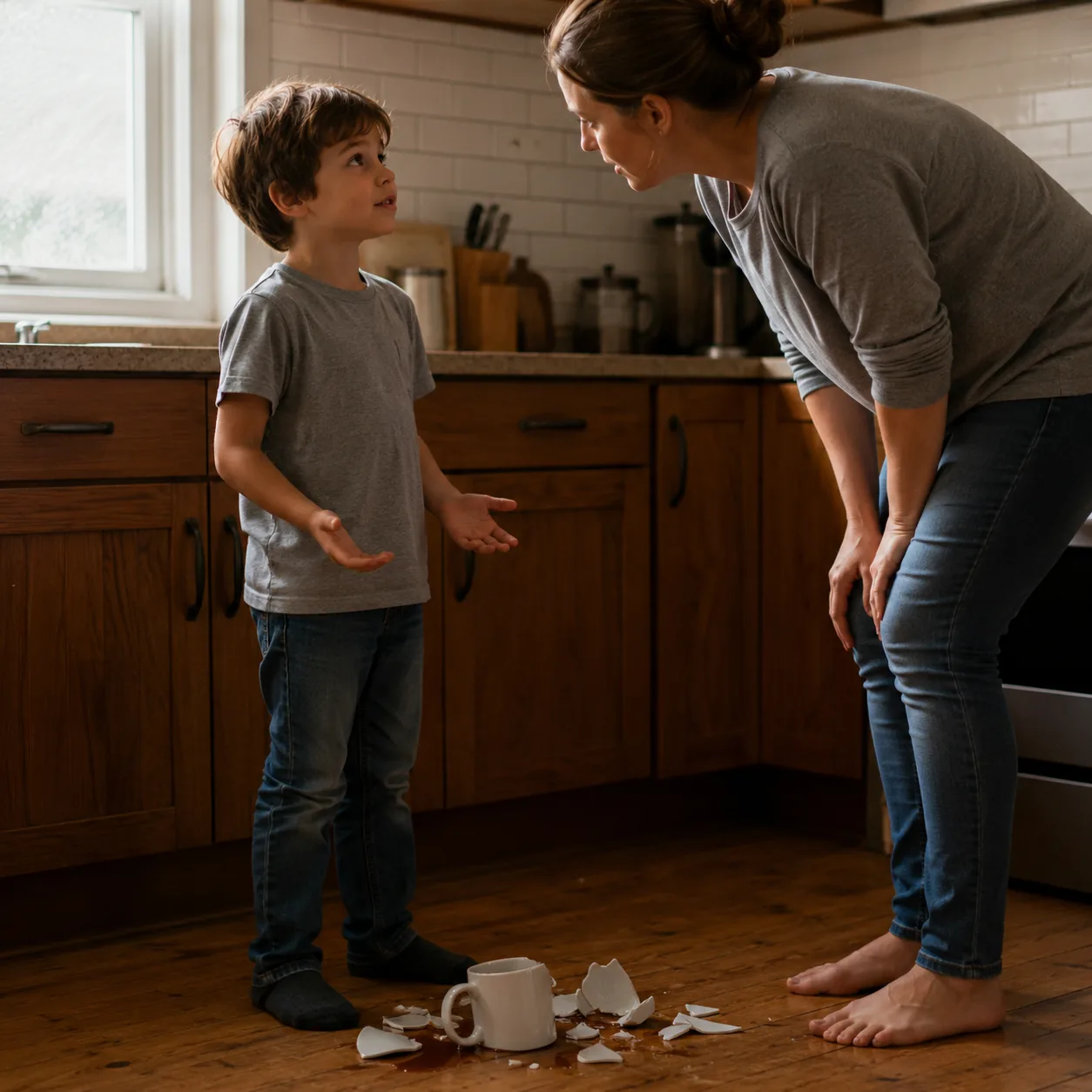 Realistic editorial photo of a child standing beside a broken mug while talking honestly to a parent in a kitchen, warm 