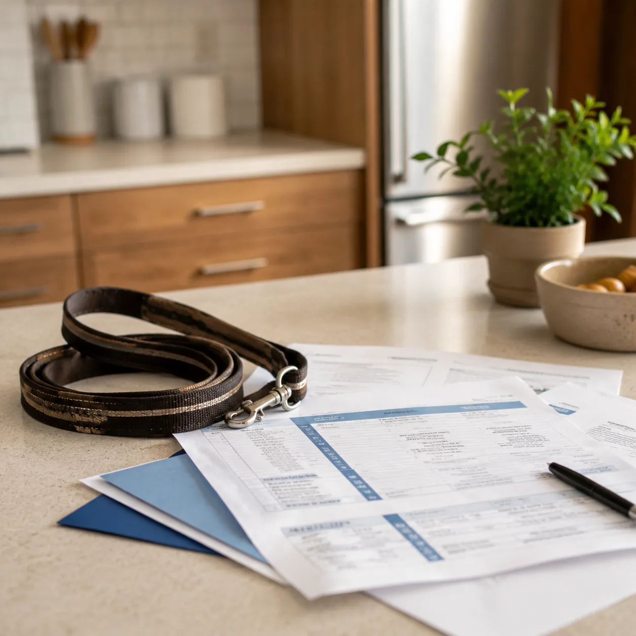 Realistic editorial photo of a dog leash, vet bill, and pet insurance paperwork on a kitchen counter, practical consumer