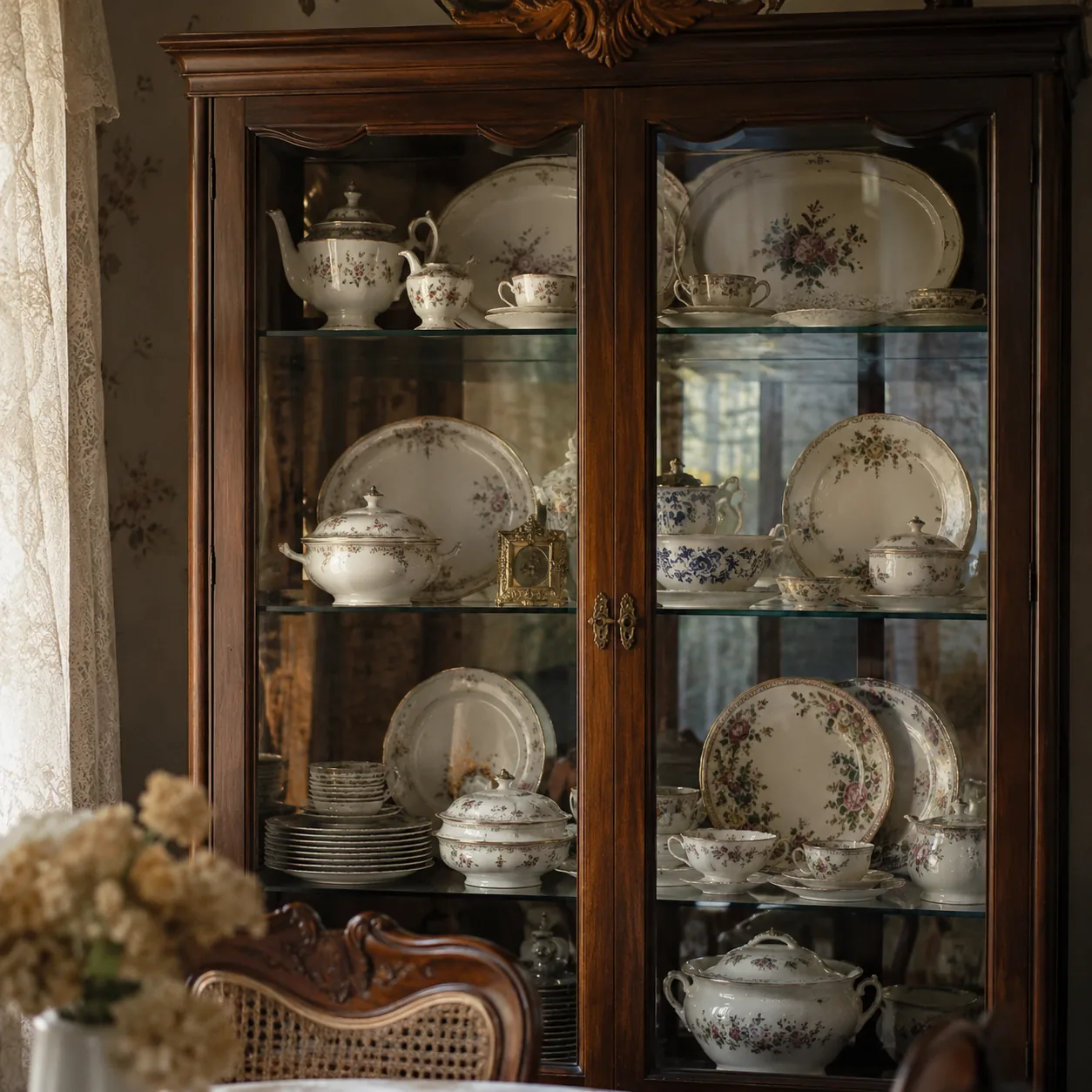Realistic editorial photo of a glass-front cabinet holding china plates, serving bowls, and teacups in a grandmother's d