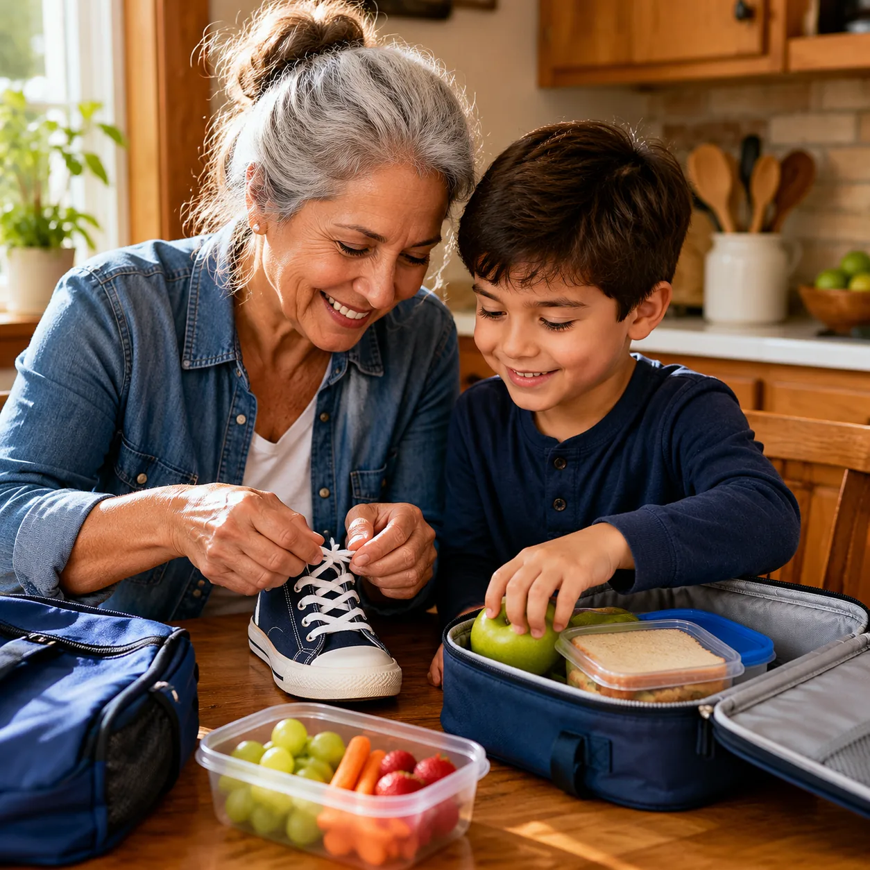 Realistic editorial photo of a grandparent teaching a child to tie shoes and pack a small lunch at a kitchen table, warm