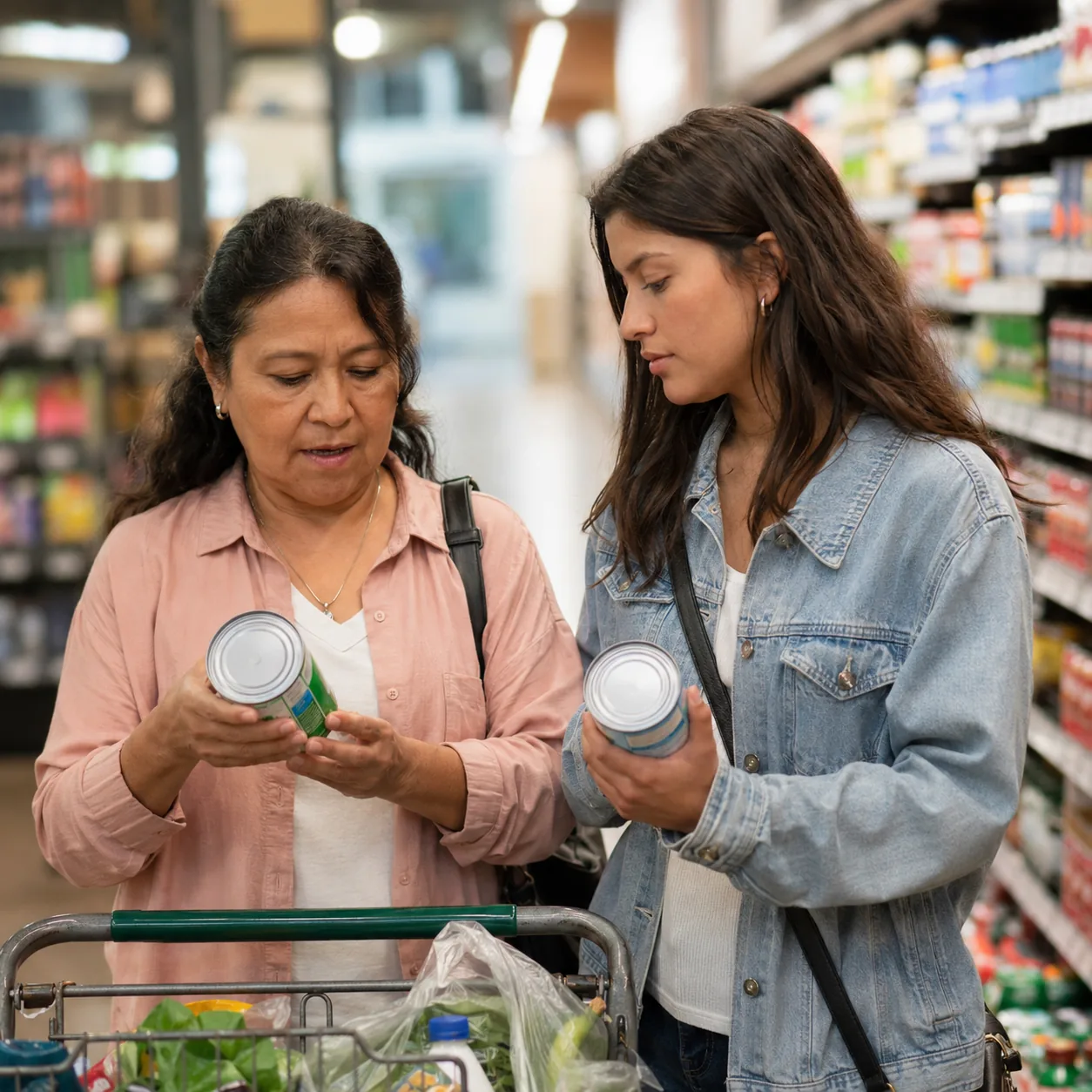 Realistic editorial photo of a Latina mother comparing grocery prices with an adult child in a US supermarket aisle, rea