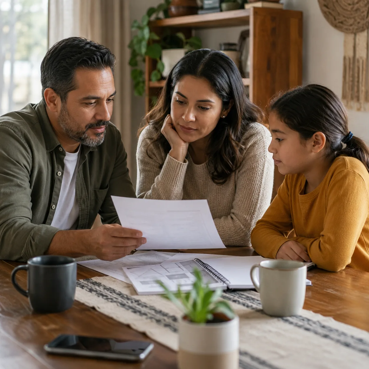 Realistic editorial photo of a Latino family reviewing house paperwork together at a dining table with coffee and notebo