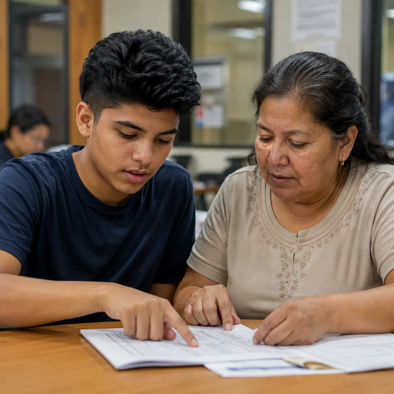 Realistic editorial photo of a Latino teenager helping an older parent interpret paperwork at a school or office desk, r