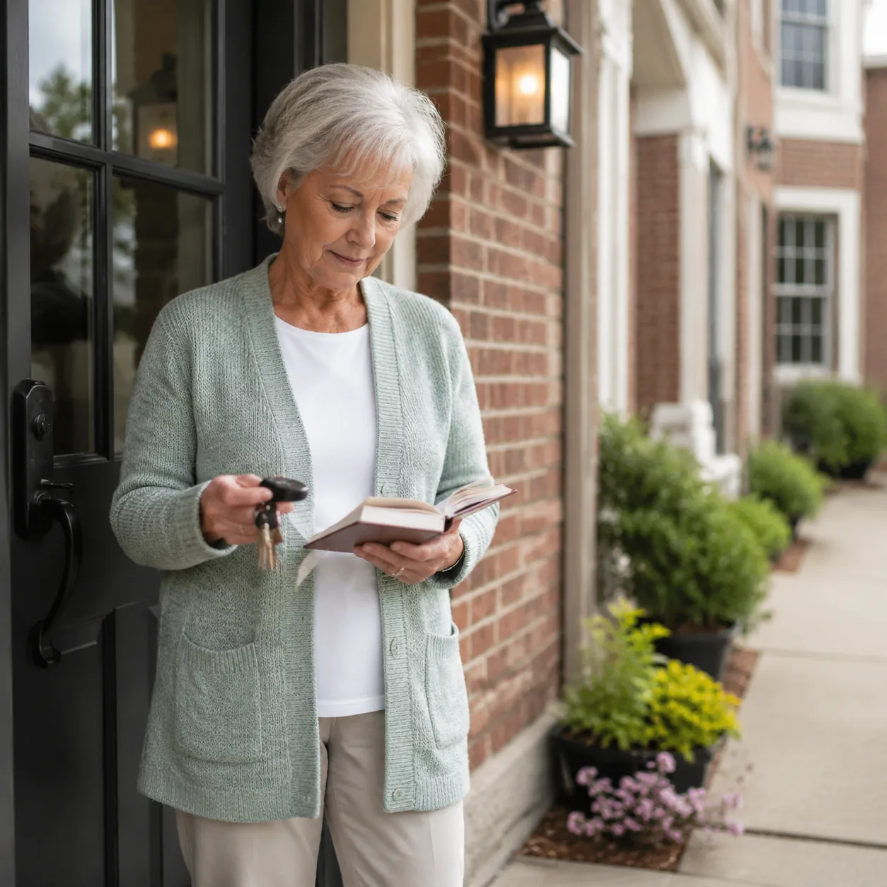 Realistic editorial photo of a retired person checking appointment notes and car keys near a retirement community front