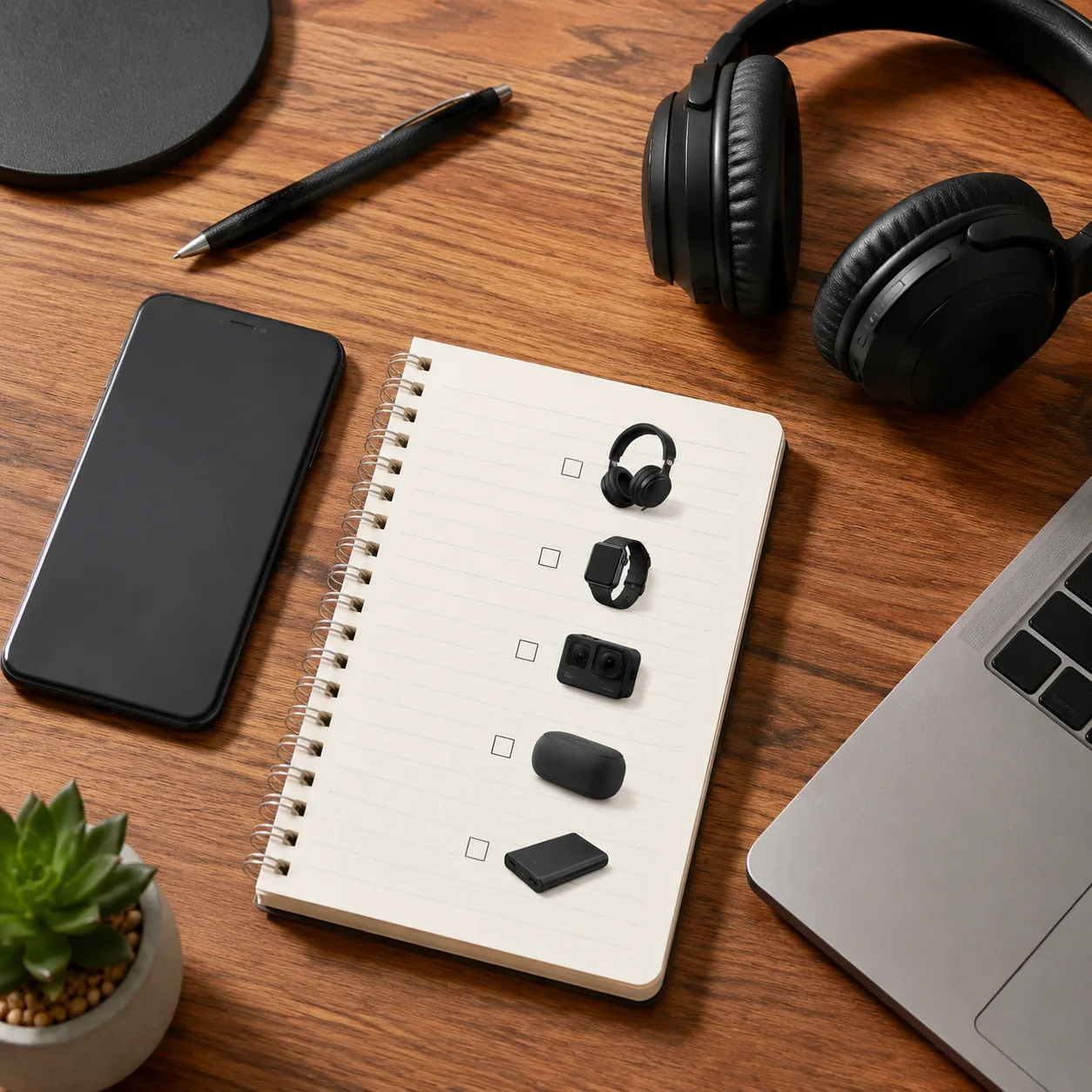 Realistic editorial photo of a smartphone, headphones, and small electronics wish list on a desk, practical online shopp