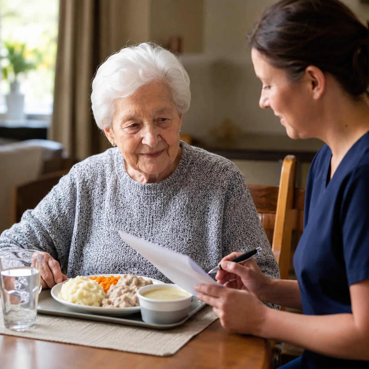 Realistic editorial photo of an assisted living dining table with a simple soft meal, water glass, and diet notes held b