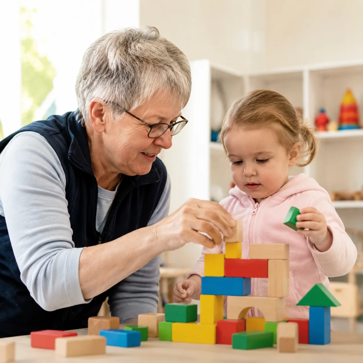 Realistic editorial photo of an older childcare worker helping a young child with blocks in a bright playroom, practical