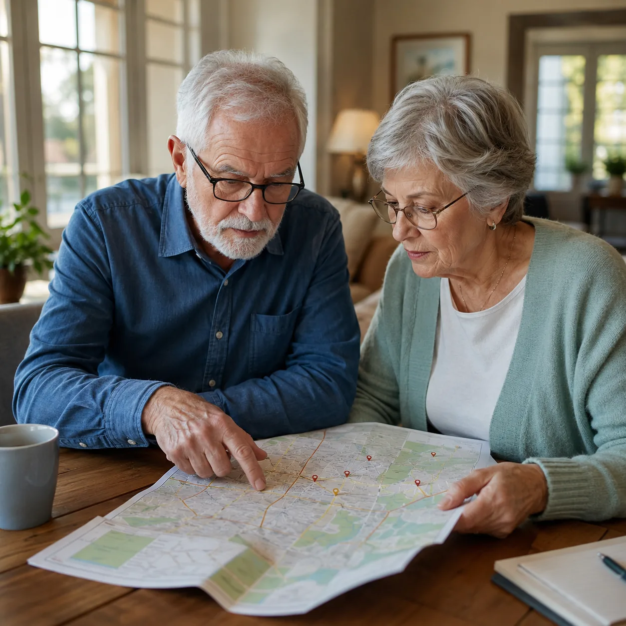 Realistic editorial photo of an older couple checking a map from a retirement community to medical offices and a pharmac