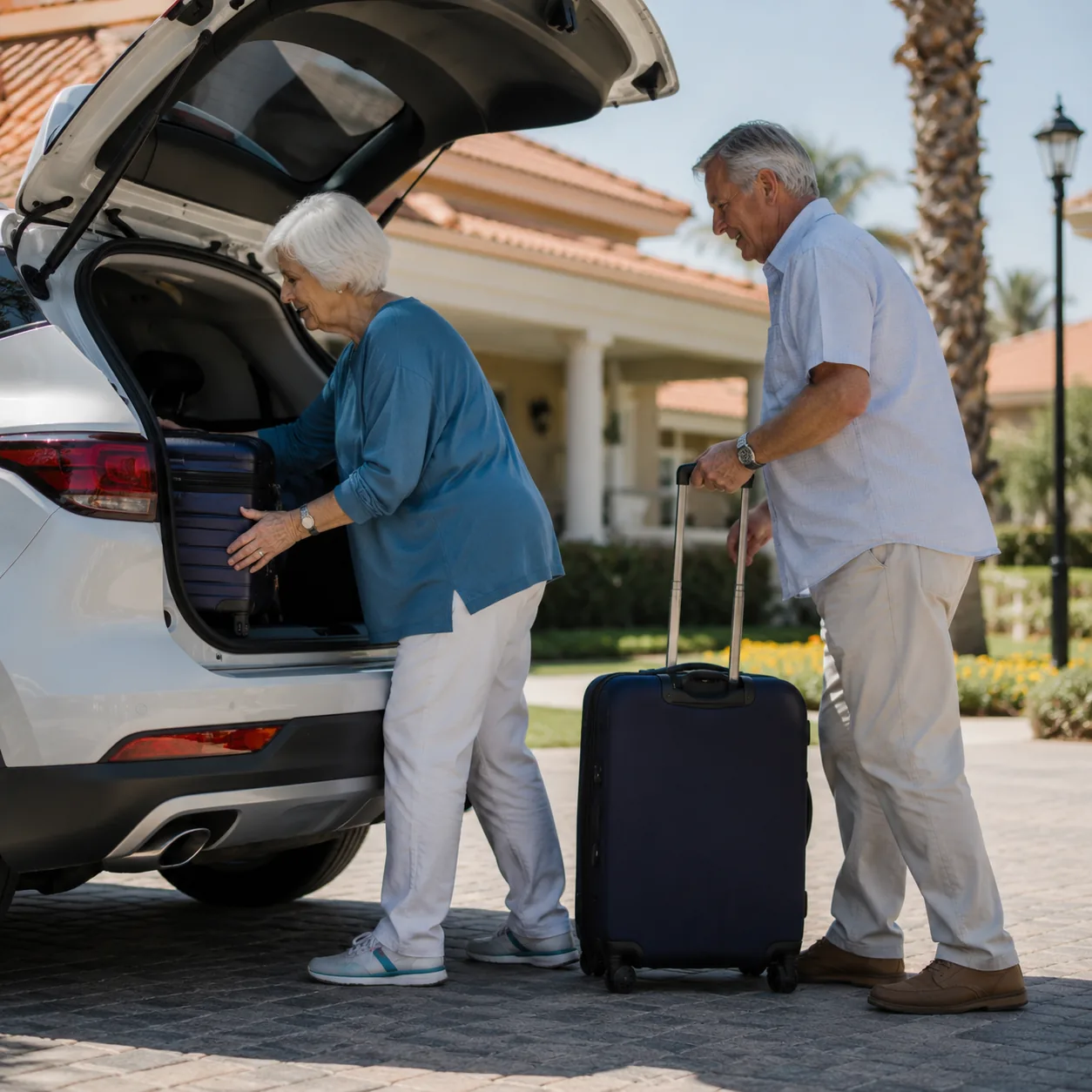 Realistic editorial photo of an older couple loading luggage into a car before a long drive to an airport from a retirem