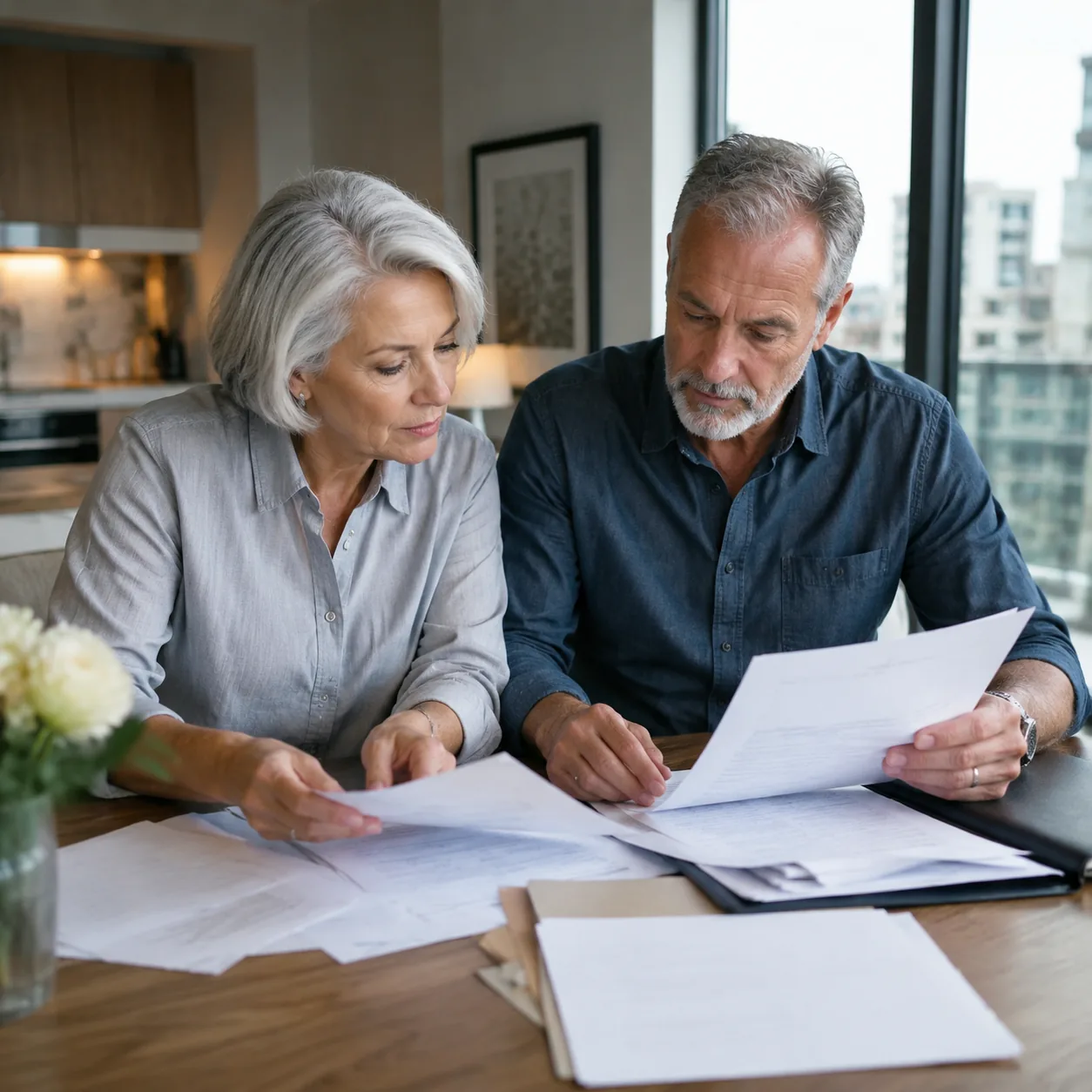 Realistic editorial photo of an older couple preparing condo board application documents at a dining table, practical re